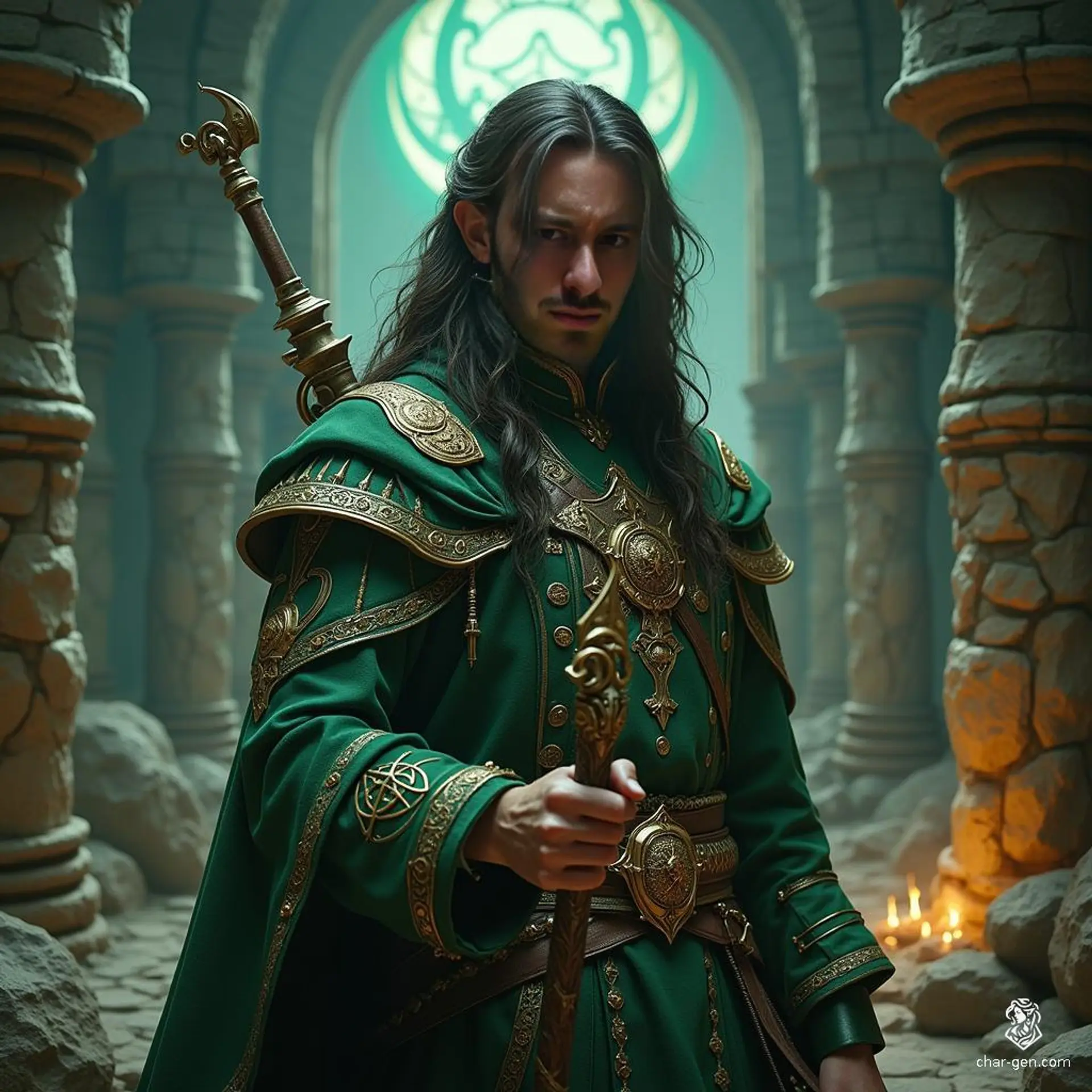 Eliseo Alboresi, a 22-year-old human wizard, stands 6’0” tall with olive skin and rich espresso hair. His sharp green eyes reflect his immense wisdom. Clad in enchanted garments adorned with arcane sigils, he wields a sleek wand, driven by a lifelong quest for deeper truths.