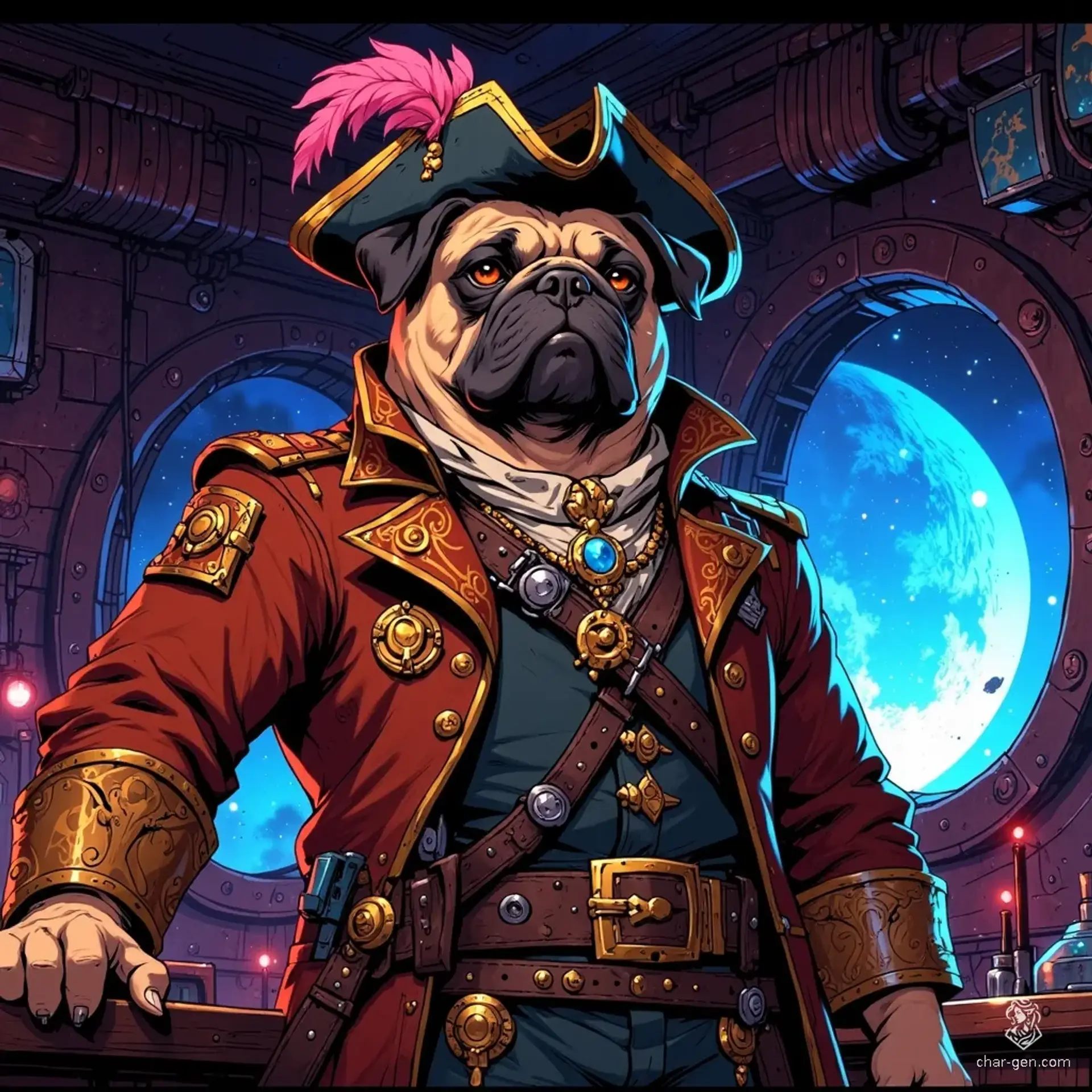 Captain Ruggles, a fierce yet charming anthropomorphic pug pirate, commands his eclectic ship with an oversized pirate hat and a scarred visage. His leather coat boasts battle medals, while his clever gadgets and blaster pistol hint at cunning strategy. In the vastness of space, he blends humor and danger seamlessly.
