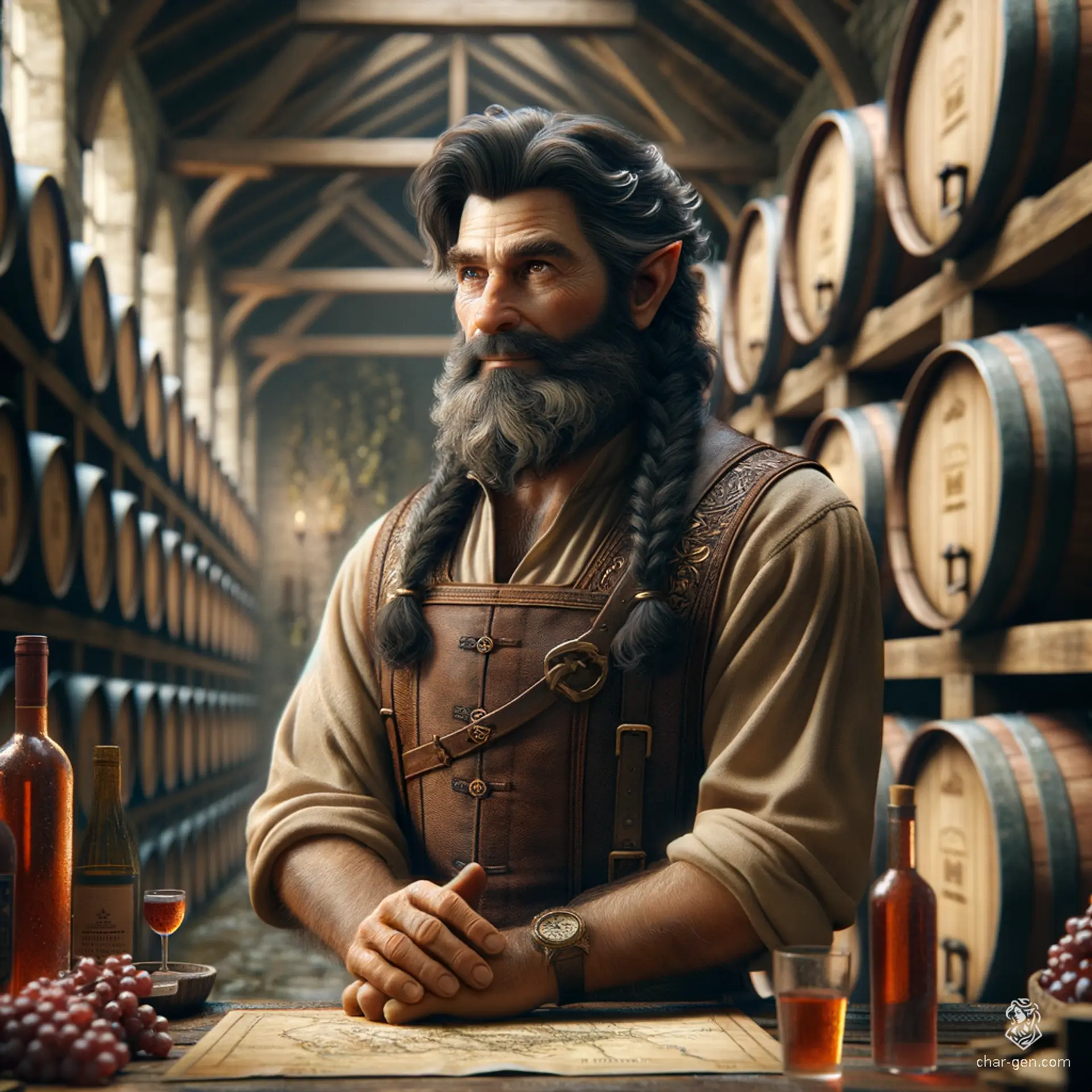 Meet Thrain Ironsip, a middle-aged dwarf vintner with elegantly braided dark hair cascading down his shoulders. Amidst the scent of oak barrels and the rich notes of wine, he expertly blends flavors while studying intricate vineyard maps, a true master of his craft.