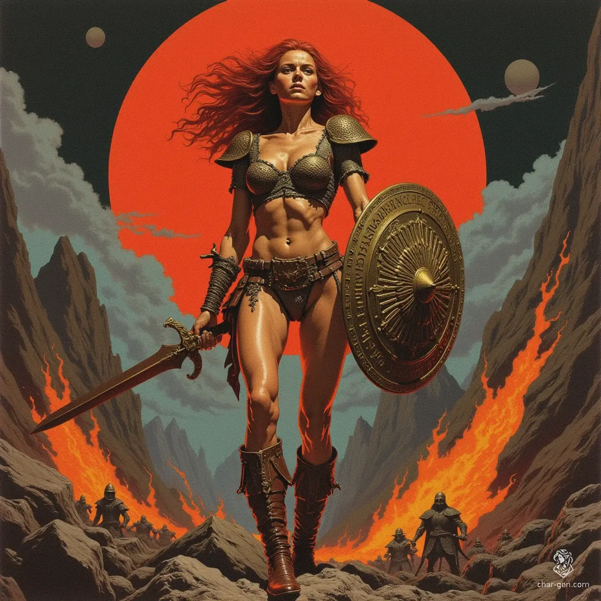 A fierce barbarian warrior woman stands triumphantly on a rocky battlefield, her fiery red hair billowing in the wind. Clad in a chainmail bikini adorned with ancient runes, she wields a massive bloodied sword and a battered shield, embodying strength amidst the chaos of defeated foes and smoldering flames.