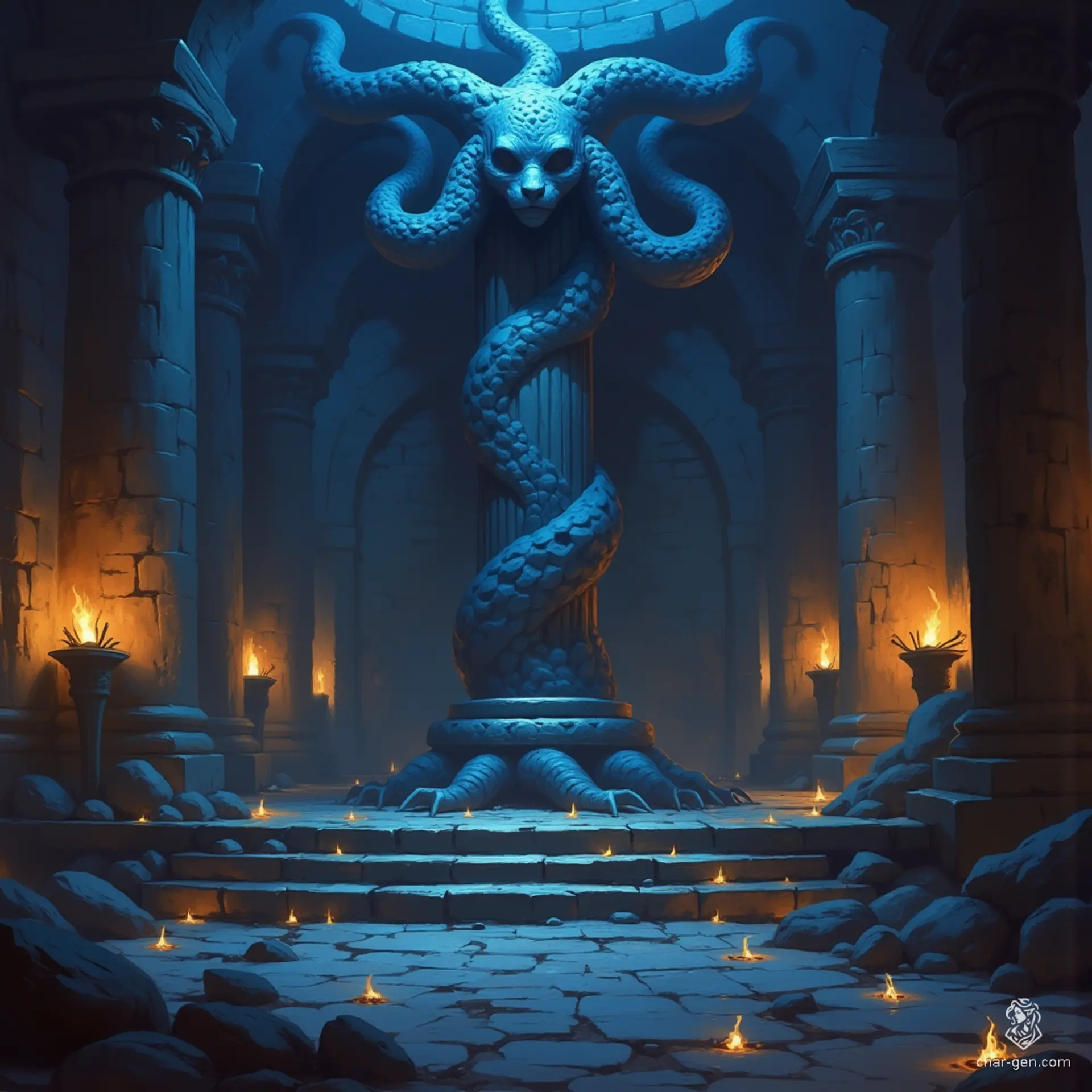 In a shadowy hall, towering Caryatid columns adorned with intricate medusa motifs loom overhead, their stone faces twisted in eternal vigilance. Dim light filters through damp air, casting flickering shadows that dance across the cracked floor, infusing the atmosphere with a haunting, ethereal gloom.