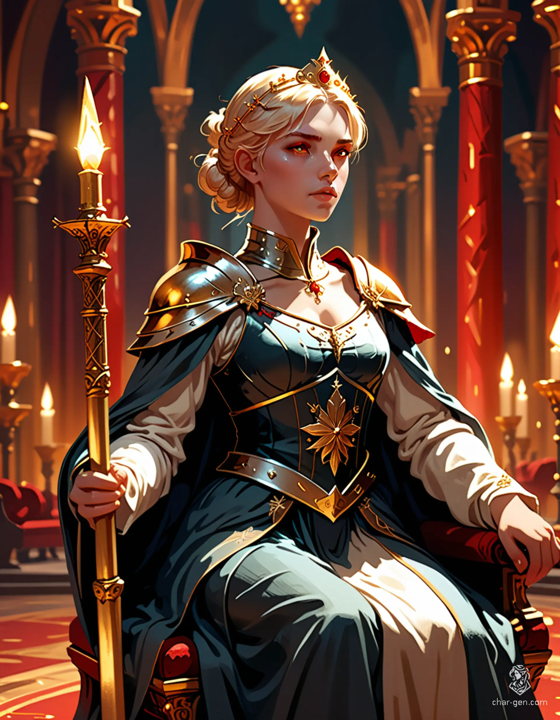 Loralyn, the serene Aasimar monk and baroness, radiates celestial grace in her dimly lit throne room. With warm golden skin, ethereal golden eyes, and a subtle glow, she wields her quarterstaff as a symbol of power and protection, poised to defend her realm from encroaching darkness.