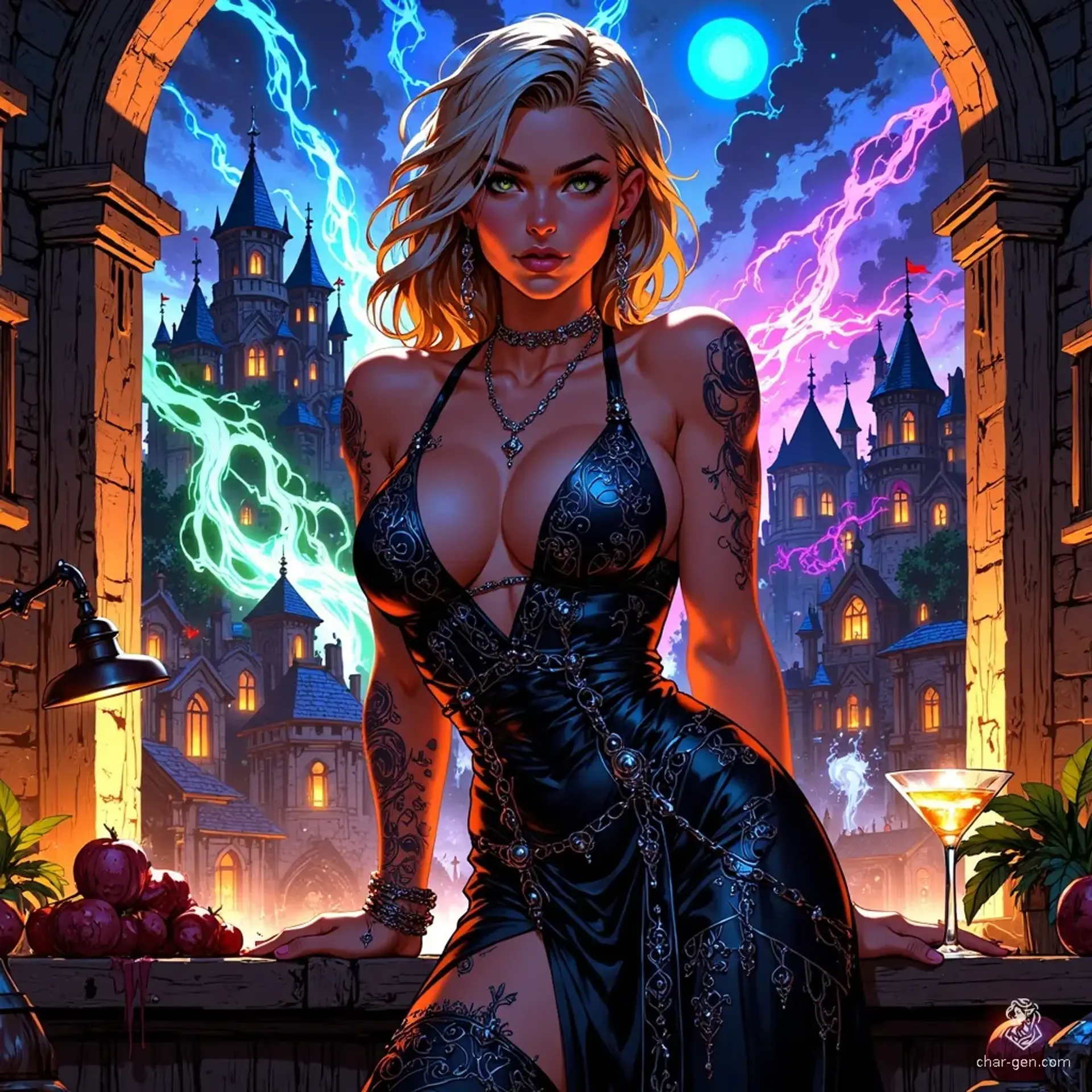 An elegant mafia strategist, she embodies grace and power with ash-blonde waves and piercing emerald-green eyes. Dressed in a shimmering silver fishtail dress, she holds a martini glass, exuding a cold aura as she surveys the city skyline from her luxurious penthouse.