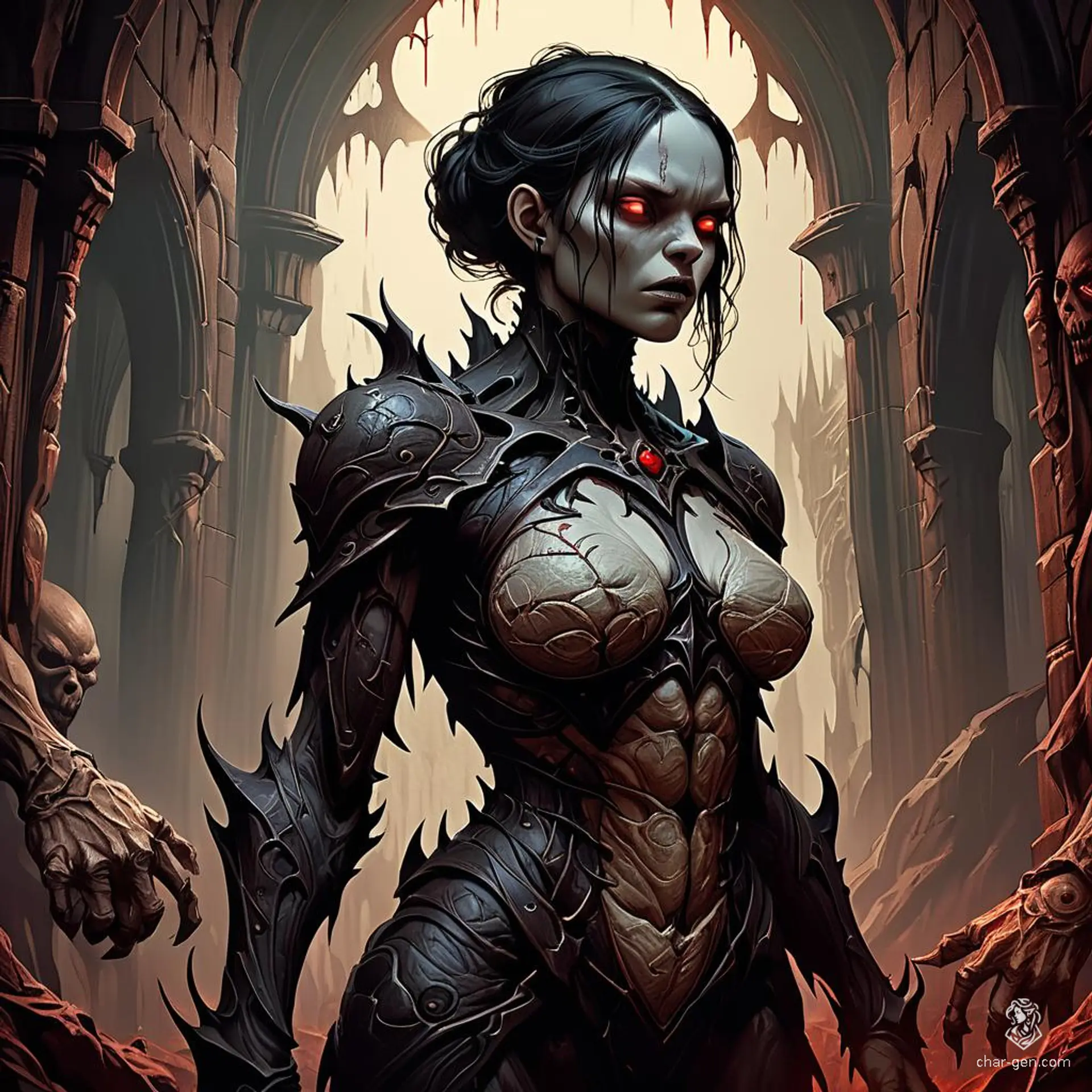 The flesh golem is a female monstrosity stitched from various body parts, donned in leather armor, hood, and robes. Her medium-texture, patchwork skin and asymmetrical limbs give her a frightening presence, with black hair completing the eerie look.