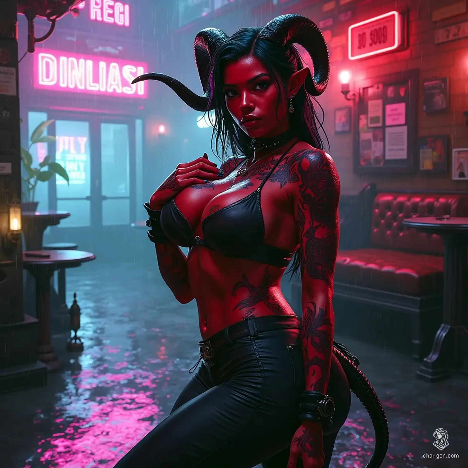 A sultry, muscular tiefling rogue in a bustling city of magic and technology, she embodies allure and power. Her red skin, adorned with arcane tattoos, complements her exaggerated hourglass figure. Clad in a leather crop top and tight pants, she commands attention with her confidence and captivating presence. 