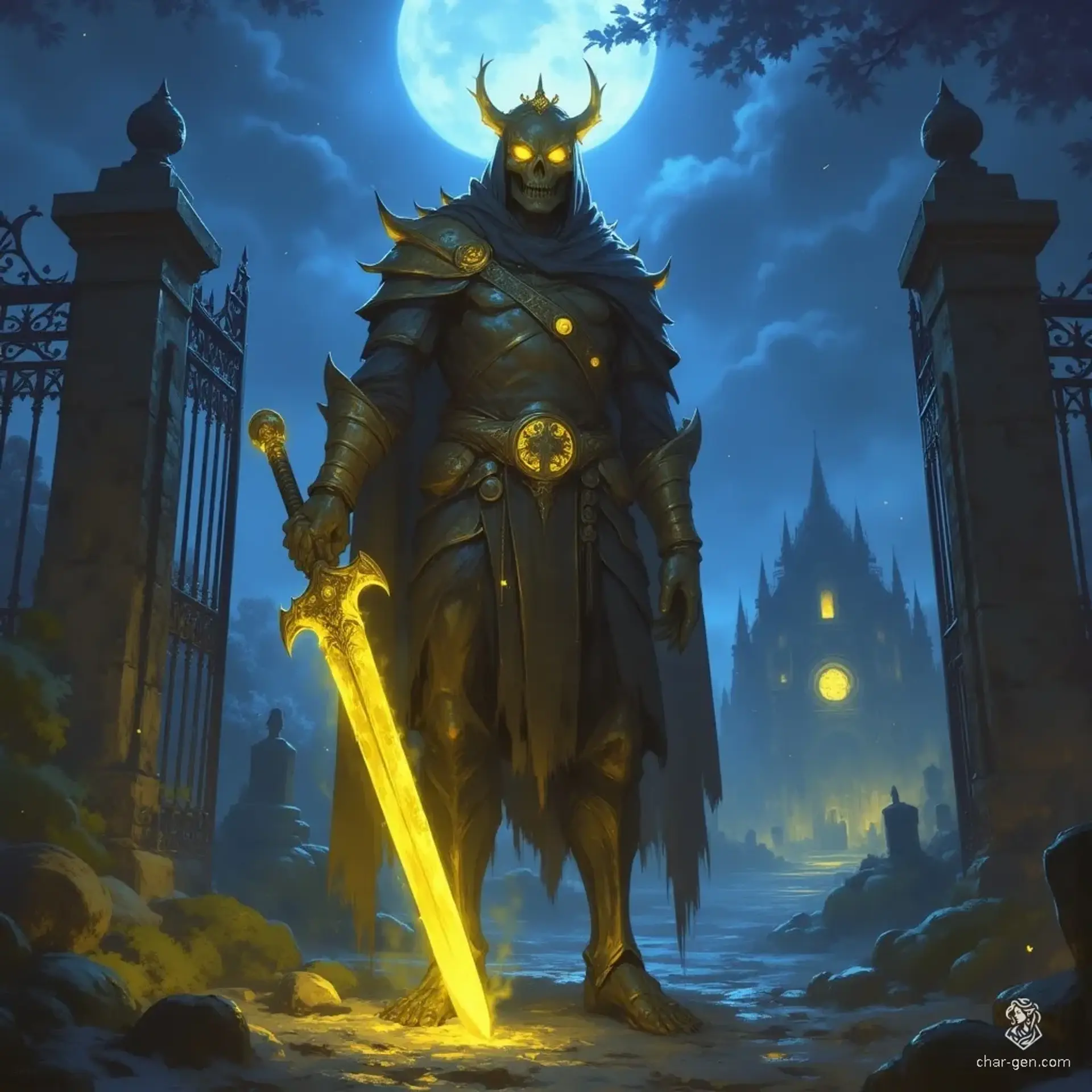 An animated skeleton warrior rises from a dark cemetery on a moonlit night, clad in dark gold plate armor, boots, and a golden crown. His sparkling yellow eyes pierce the shadows as he grips a glowing yellow two-handed broadsword, bathed in dim blue light with dramatic, cinematic intensity.