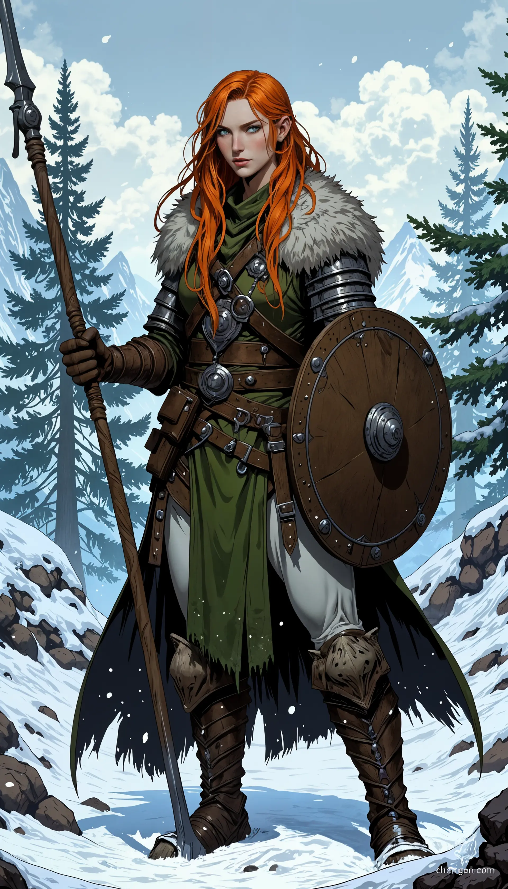In a frozen battlefield, a fierce Slavic warrior woman embodies resilience. With flowing auburn hair, sharp green eyes, and clad in fur-lined hides over chainmail, she wields an intricately carved spear and carries a circular shield, ready to defend against any foe under the pale winter light.