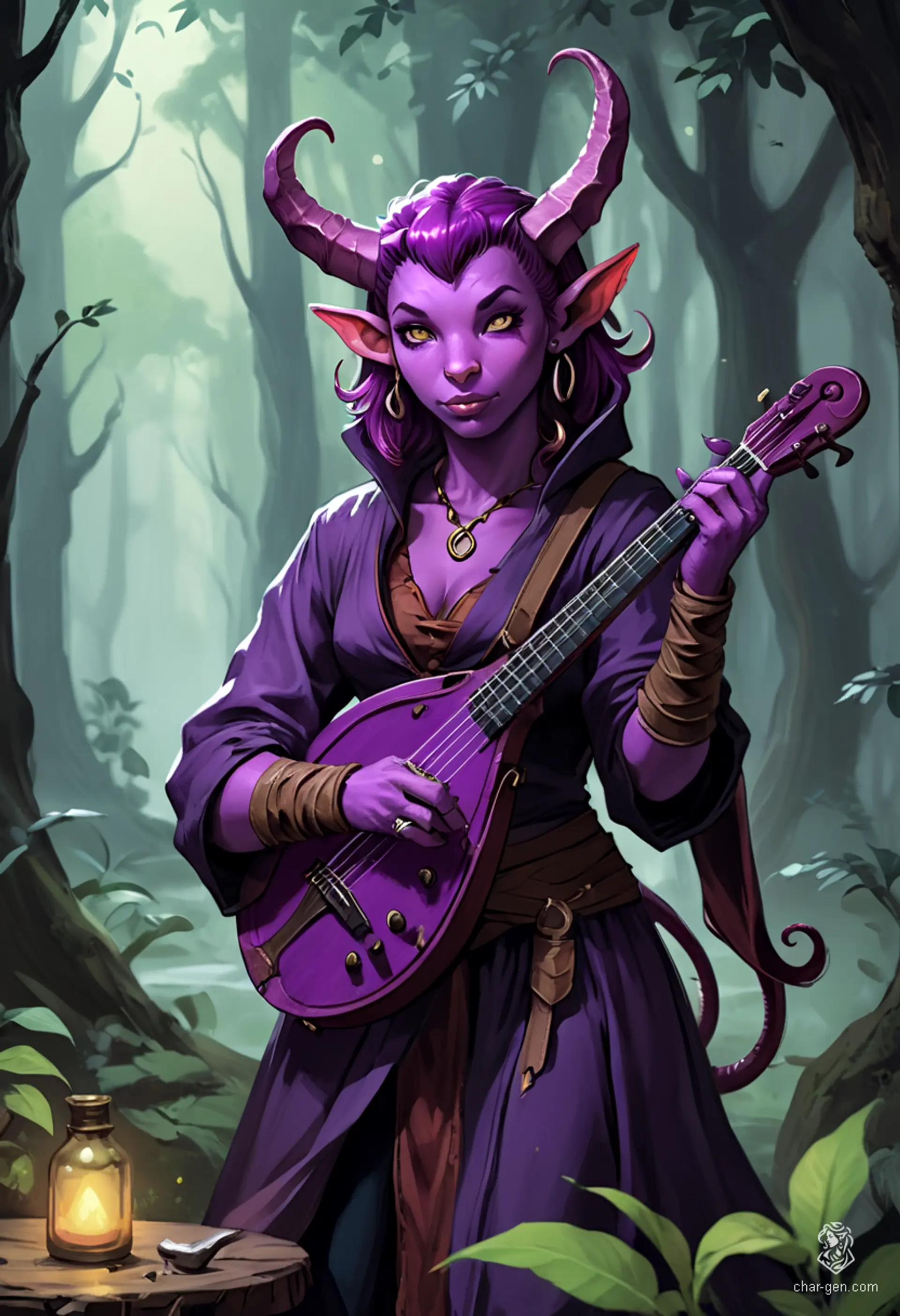 Lyrica Chantenuit is a 25-year-old tiefling bard with distinct purple skin and long, graceful tails. Armed with a lute, she captivates audiences with her nimble gestures and charming personality. Her rich plum hair and striking green eyes enhance her devilish allure, embodying a blend of human and infernal heritage.