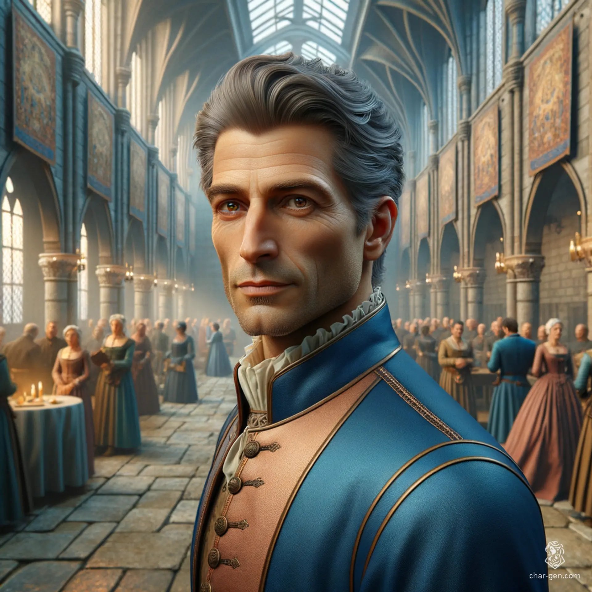 A fair-skinned older male spy with perfectly coifed greying black hair and brown eyes, expertly blending into crowds in cobalt and peach servant attire, secretly carrying messages and eavesdropping unnoticed.