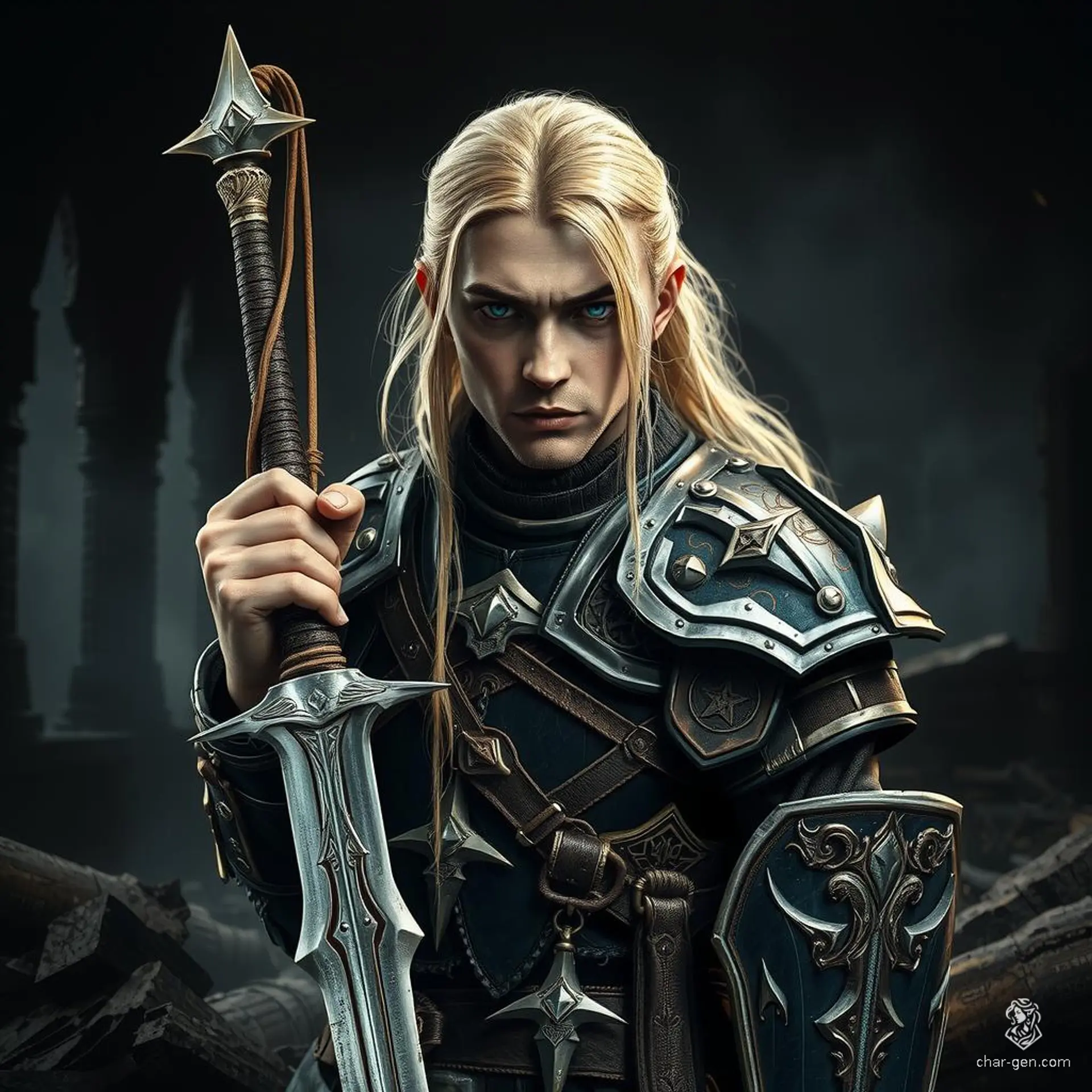 Logan is a 27-year-old noble human paladin of House Falendar, standing 6'2" with long blond hair and striking blue eyes. A strong, nimble, and intelligent warrior driven by honor and vengeance, he now forsakes his noble title, fighting for those who cannot defend themselves.