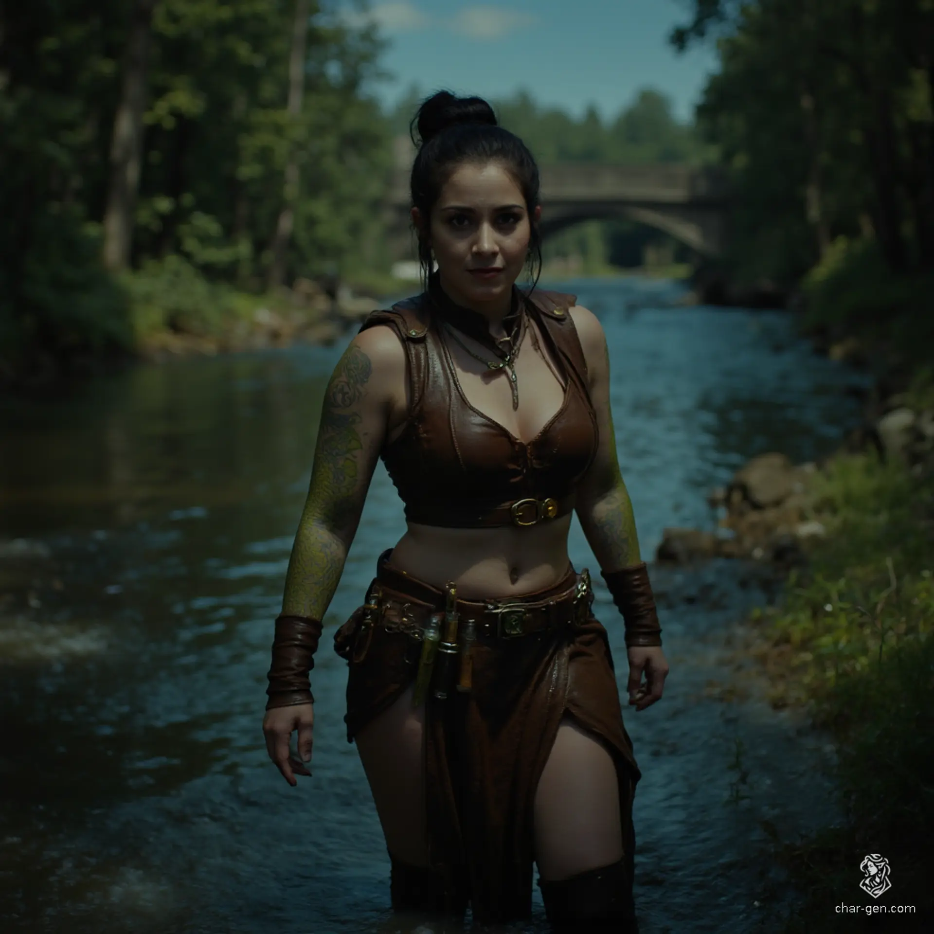 Izzy, a perky halfling assassin, wields her crossbow with deadly precision. Sporting shimmering green scales and a sly grin, she exudes confidence in her tight leather armor. With piercing yellow-green eyes and a belt of lethal poisons, she lurks in the shadows, ever ready for the thrill of the hunt.