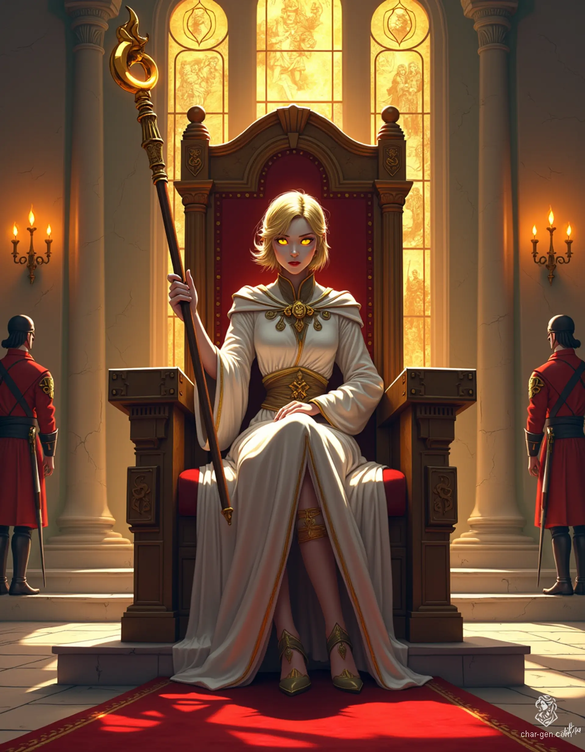 Loralyn, the serene Aasimar monk and baroness, exudes celestial grace from her high-backed throne. With glowing golden eyes and light golden skin, she embodies divine power. Dressed in modest robes adorned with celestial symbols, her unwavering gaze reflects wisdom and resolve in her enchanted throne room.