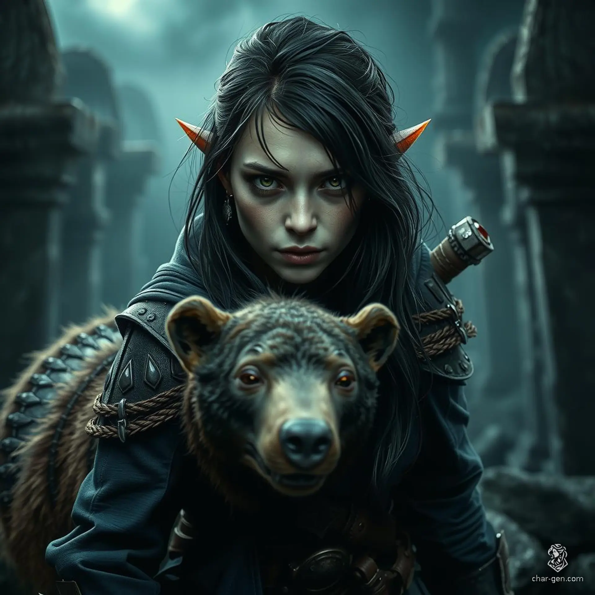 Vex'ahlia, a 28-year-old female half-elf, is an expert hunter and tracker. Standing 5'5" with jet midnight black hair and brown eyes, she navigates life on the fringes of society. Nimble and stealthy, Vex thrives in the wild, accompanied by her loyal bear, Trinket.