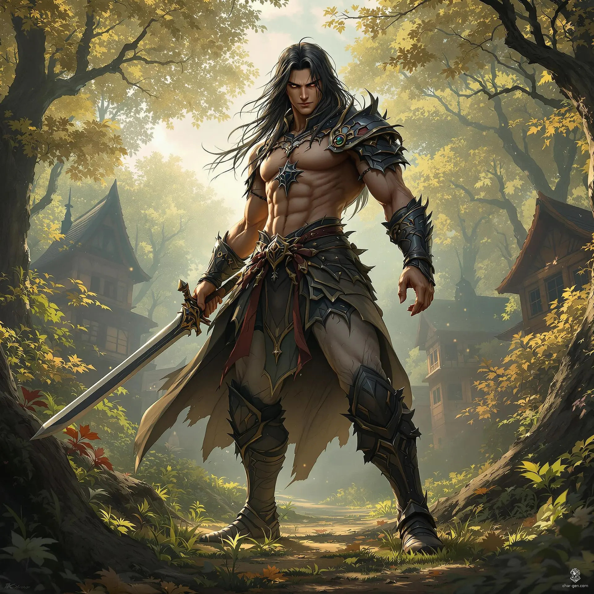 A dynamic medieval fantasy anime character rendered in ultra-realistic 4K HDR digital art, featuring perfect anatomy and detailed skin texture. Set in a lush forest-town, this life-size figure strikes a cinematic pose, blending vibrant anime style with immersive depth and vivid detail.