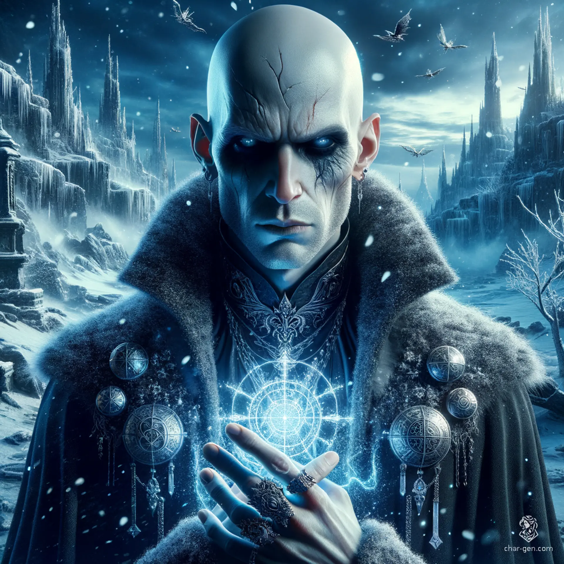 A 40-year-old bald warlock with light skin and dark eyes, dressed in dark clothes adorned with silver decorations. He exudes an aura of magic and features distinct arcane sigils. His tired appearance is marked by bags under his eyes.