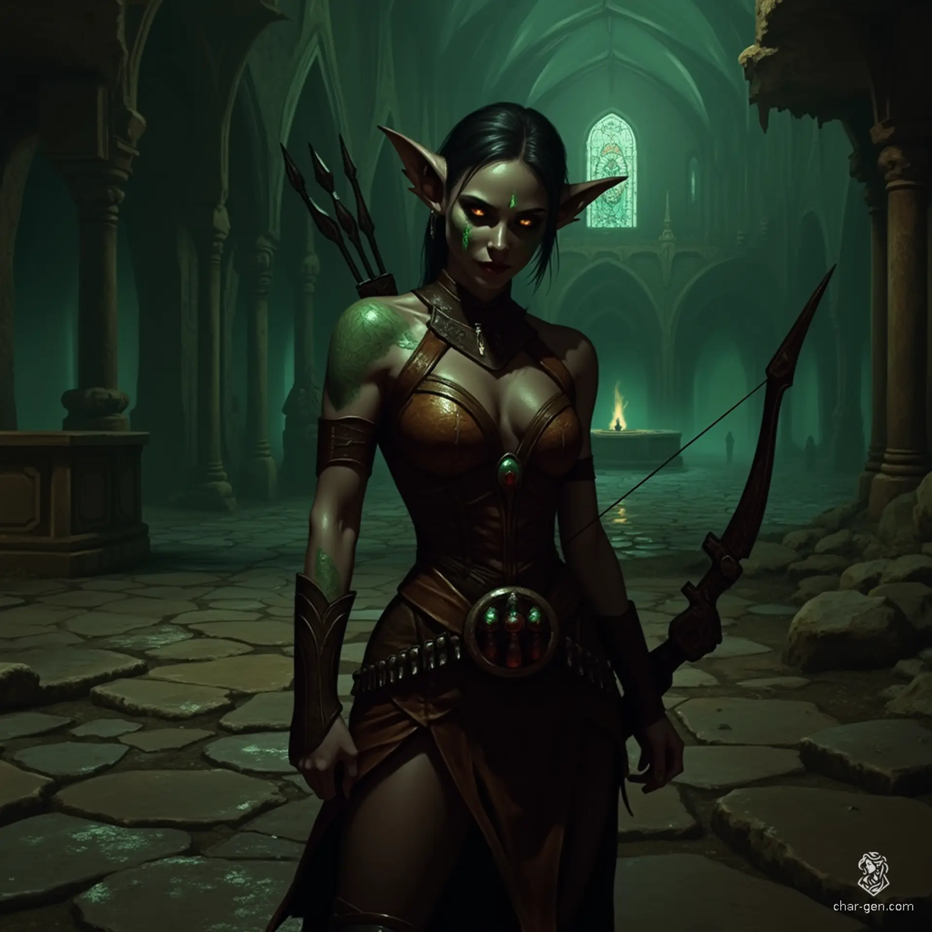 Izzy, a newly emancipated halfling assassin, is a lethal crossbow specialist with graceful stature and olive skin adorned with shimmering green scales. Her solid yellow-green eyes exude cunning, while she expertly navigates the shadows, poised to strike. Driven by competence and a thrill for the hunt, Izzy embodies danger with a touch of joy.