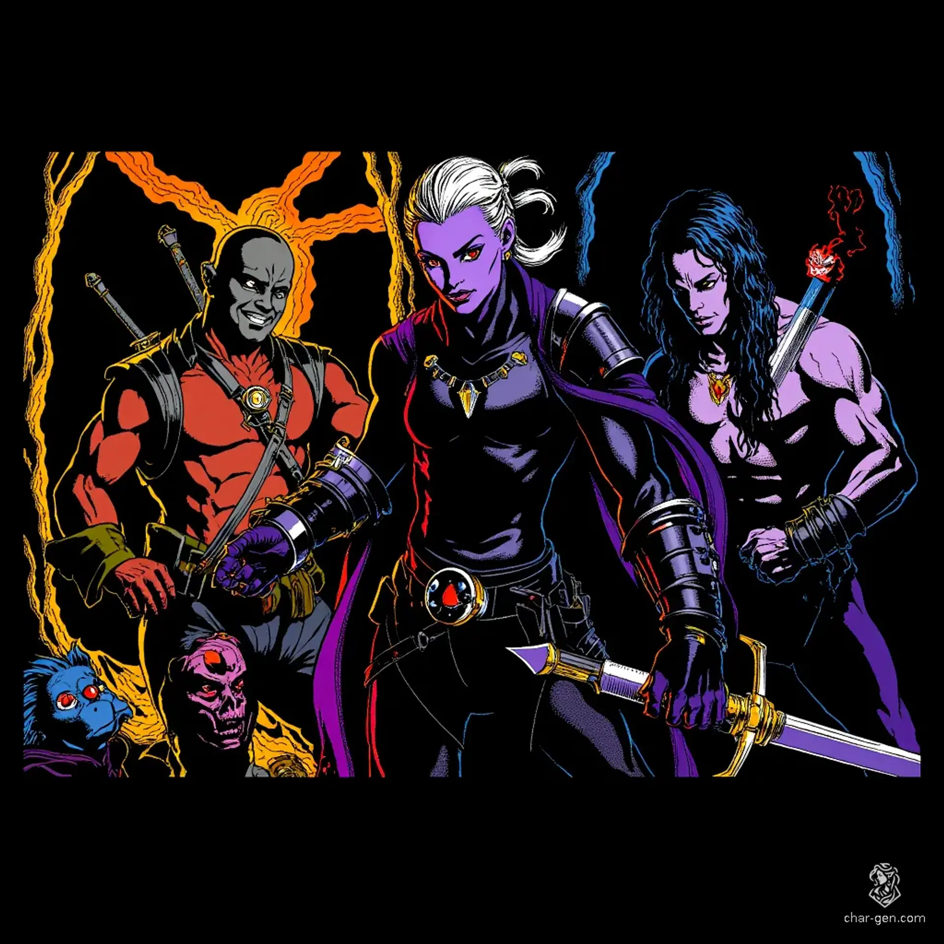 A formidable drow mercenary captain, aged around 30, commands attention with her ashen-gray skin and piercing crimson eyes. Clad in matte-black armor, she wields a poisoned longsword and a gleaming hand crossbow, leading a diverse band of outcasts through the shadows of the Underdark.