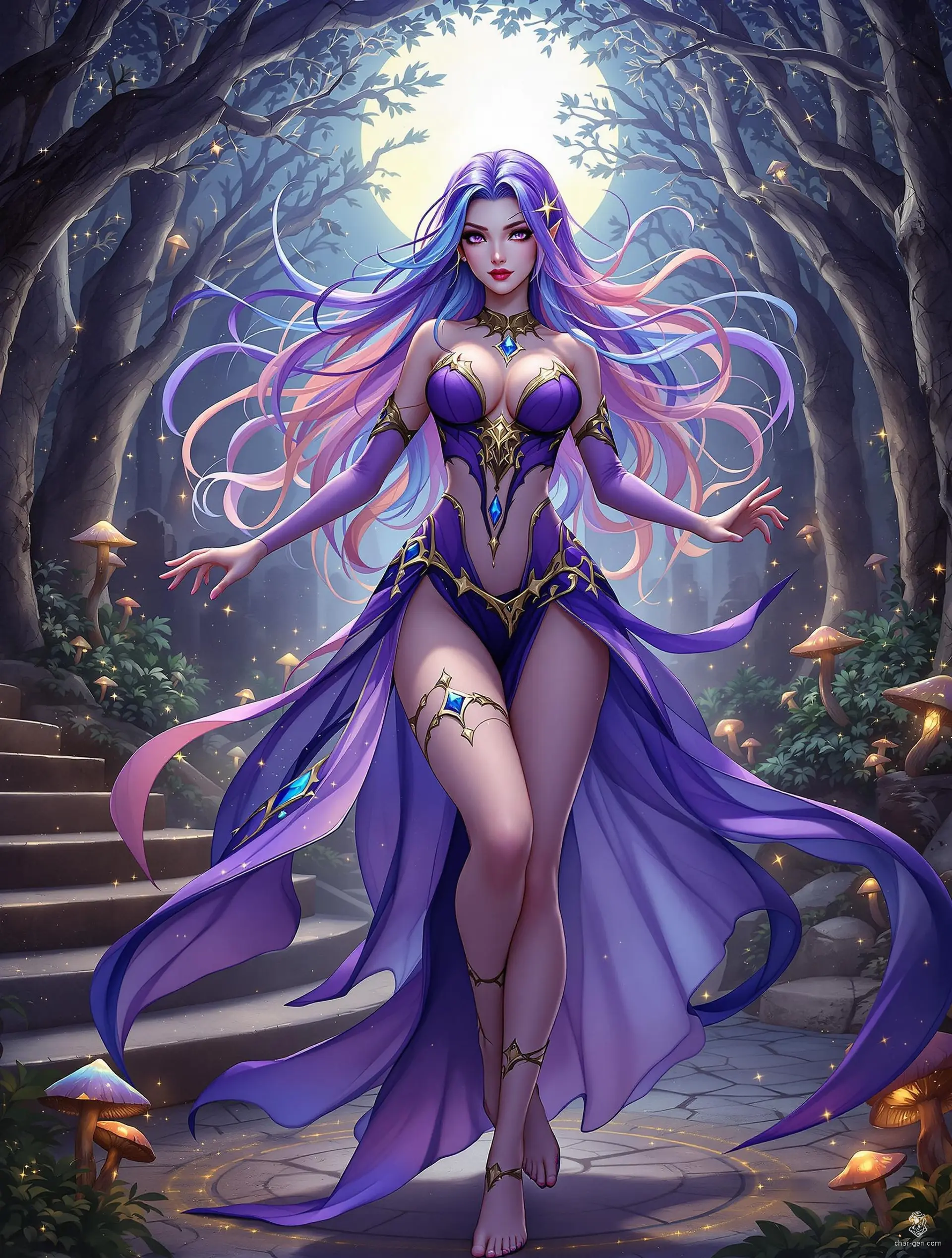 In a mystical ruin under a full moon, a mesmerizing young sorceress dances gracefully. Her gradient hair flows in shades of purple, dark blue, and black, adorned with a golden circlet. Clad in an intricately designed purple outfit with gold accents, she exudes a calm, confident charm, radiating arcane magic as she captivates all.