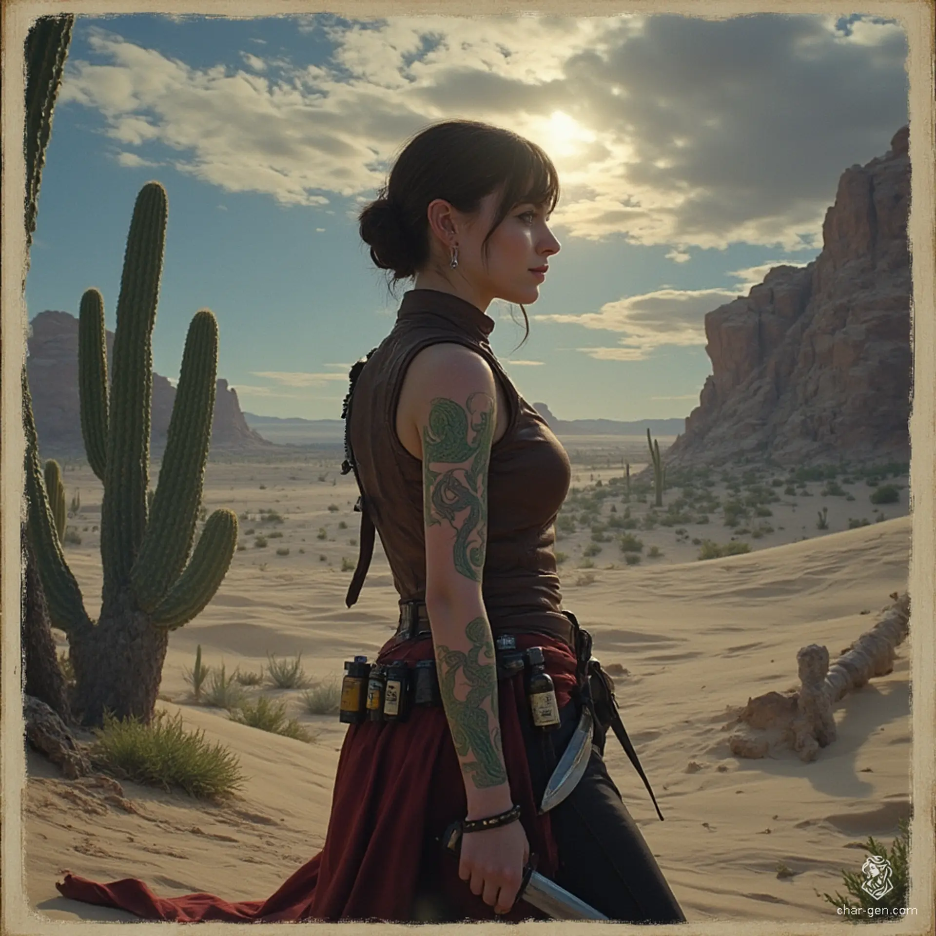 Izzy, a newly emancipated halfling assassin, embodies lethal elegance. Standing at 1.5 meters with bright yellow-green eyes, she dons a snug brown leather tunic, showcasing her green snake-scale tattoos. Agile and stealthy, Izzy expertly wields her crossbow and concealed daggers, prowling the shadows with a seductive, dangerous charm.