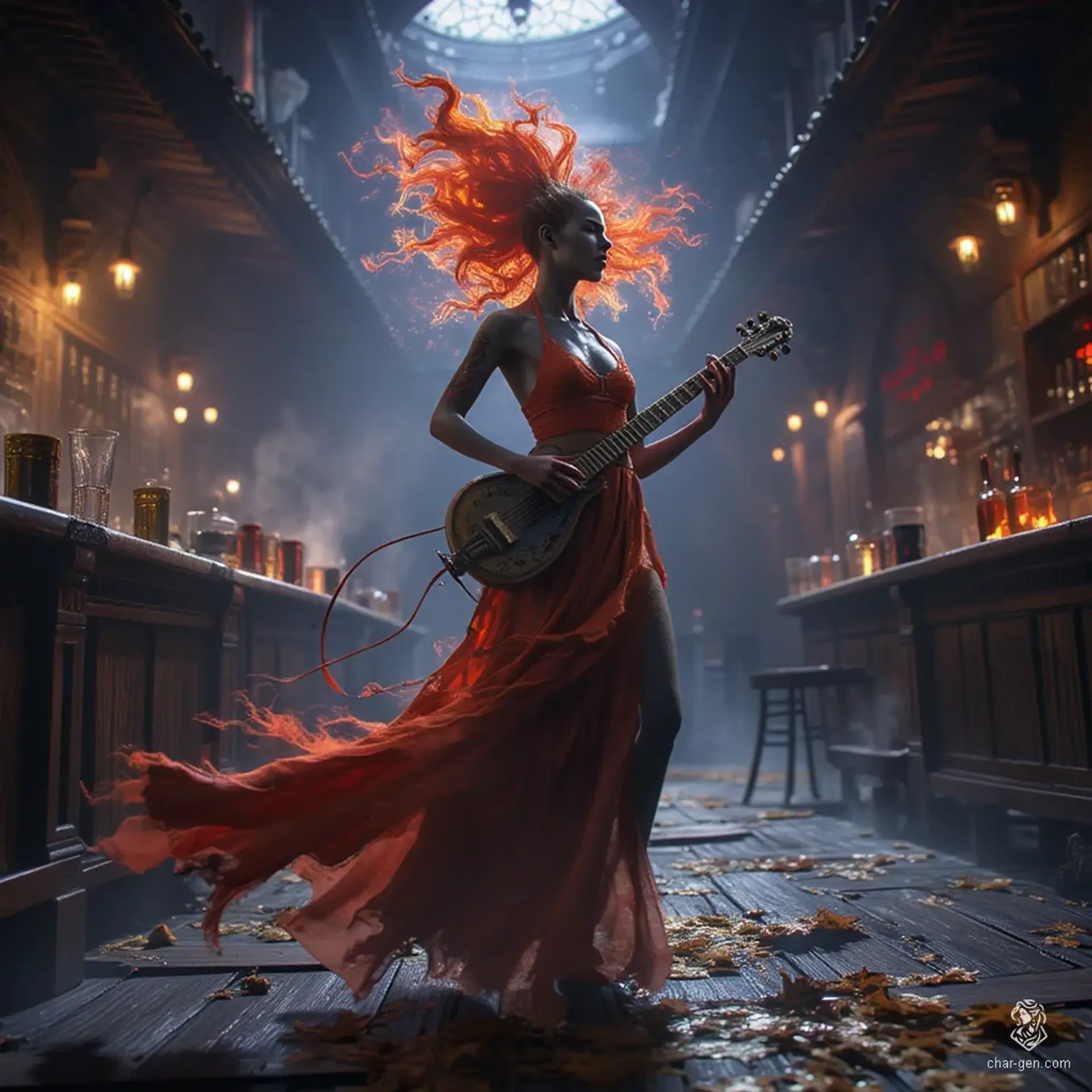 Meet Lyra, a captivating fire genasi bard with flaming hair that flickers like a bonfire. Her sultry curves and expressive gestures mesmerize audiences as she dances and sings, wielding her magical lute to conjure enchanting melodies that ignite the spirit and inspire adventure.