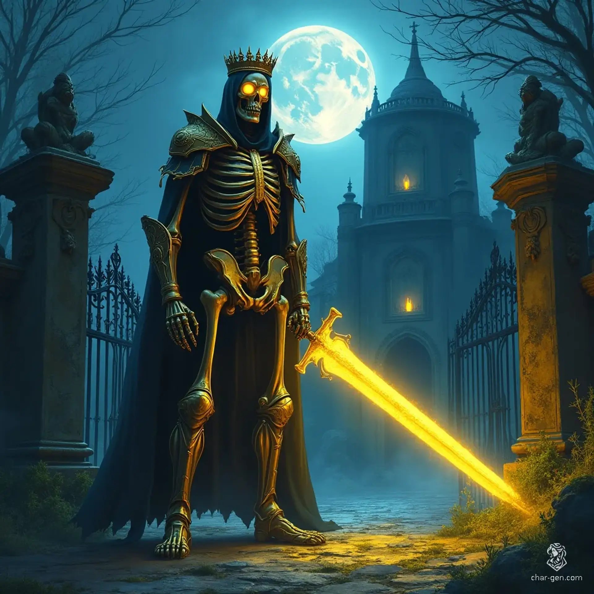 An animated skeleton warrior clad in dark gold armor and boots, crowned with a golden crown, stands amid a moonlit cemetery. Its sparkling yellow eyes blaze as it wields a bright yellow glowing two-handed broadsword, casting eerie shadows in this atmospheric, high-contrast fantasy horror scene.