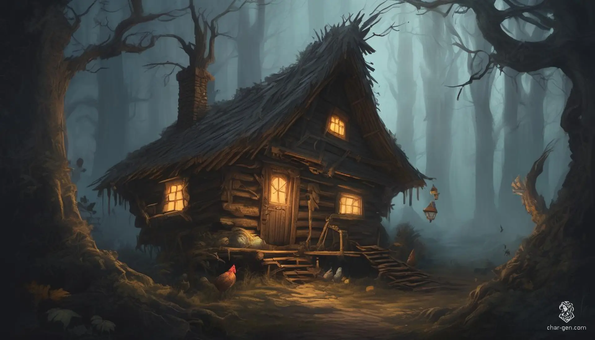 In a painterly, dark fantasy realm, a twisted wooden hut with warped walls and glowing runes balances precariously on long, spindly chicken legs with gnarled joints. Set in the heart of a dense, fog-covered forest, twisted trees and luminescent mushrooms contribute to an eerie, otherworldly atmosphere.