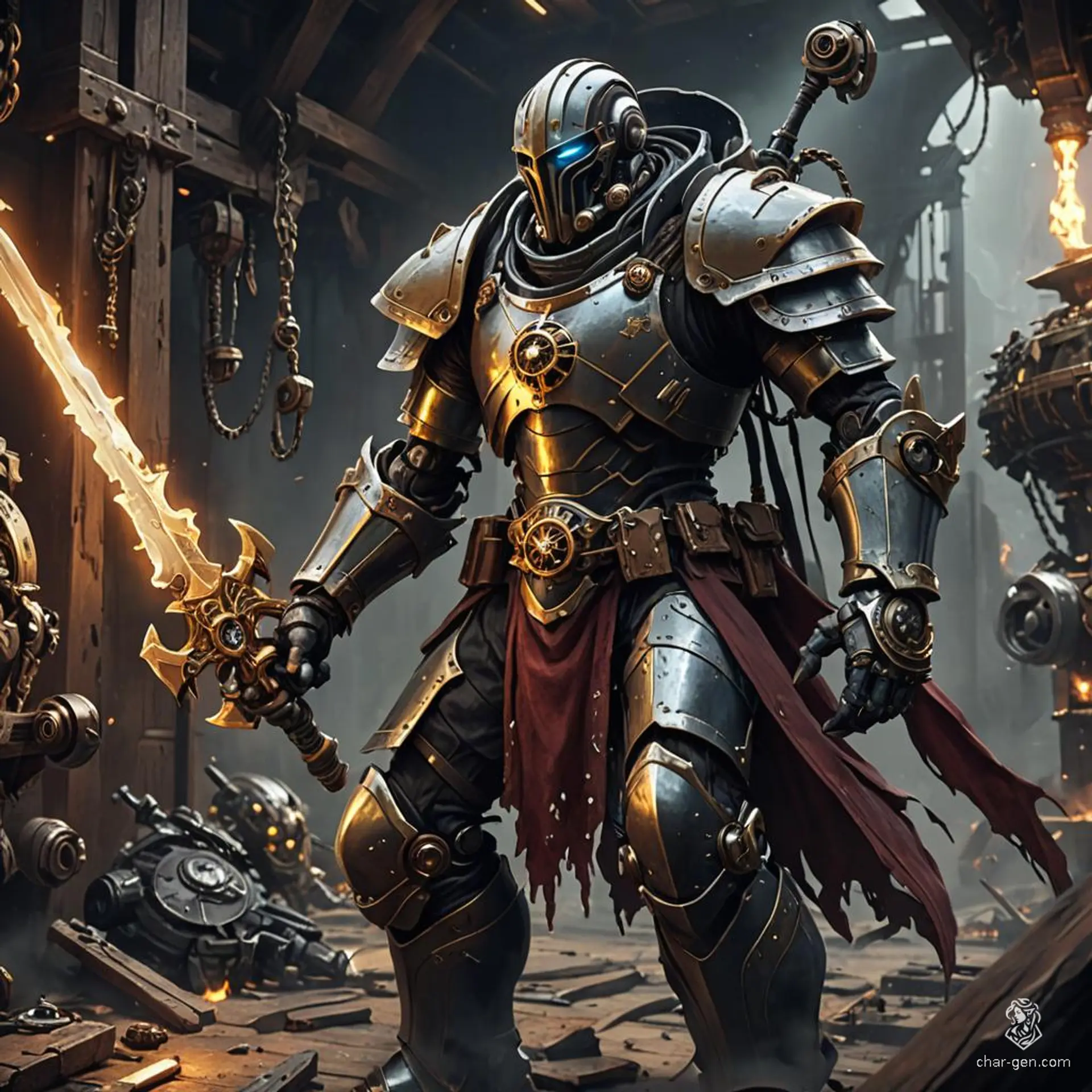 A stealthy, burnt-skinned warforged rogue, this fluid-gender pirate melds wood, metal, and magic. With a scarred face, tricorn hat, and cutlass in hand, they light-footedly maneuver through medieval spaceships, seeking treasure. Their gears and pulleys hum with magic, making them a formidable and cunning space pirate.