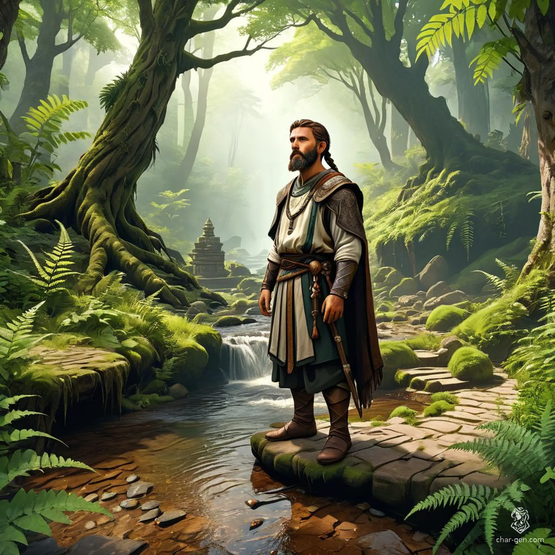 A tan-skinned male cleric of serene demeanor, adorned with a prominent holy symbol, braided brown hair, and a beard. Clad in brown leather armor and a wolf fur cloak, he emanates strength and calm authority.