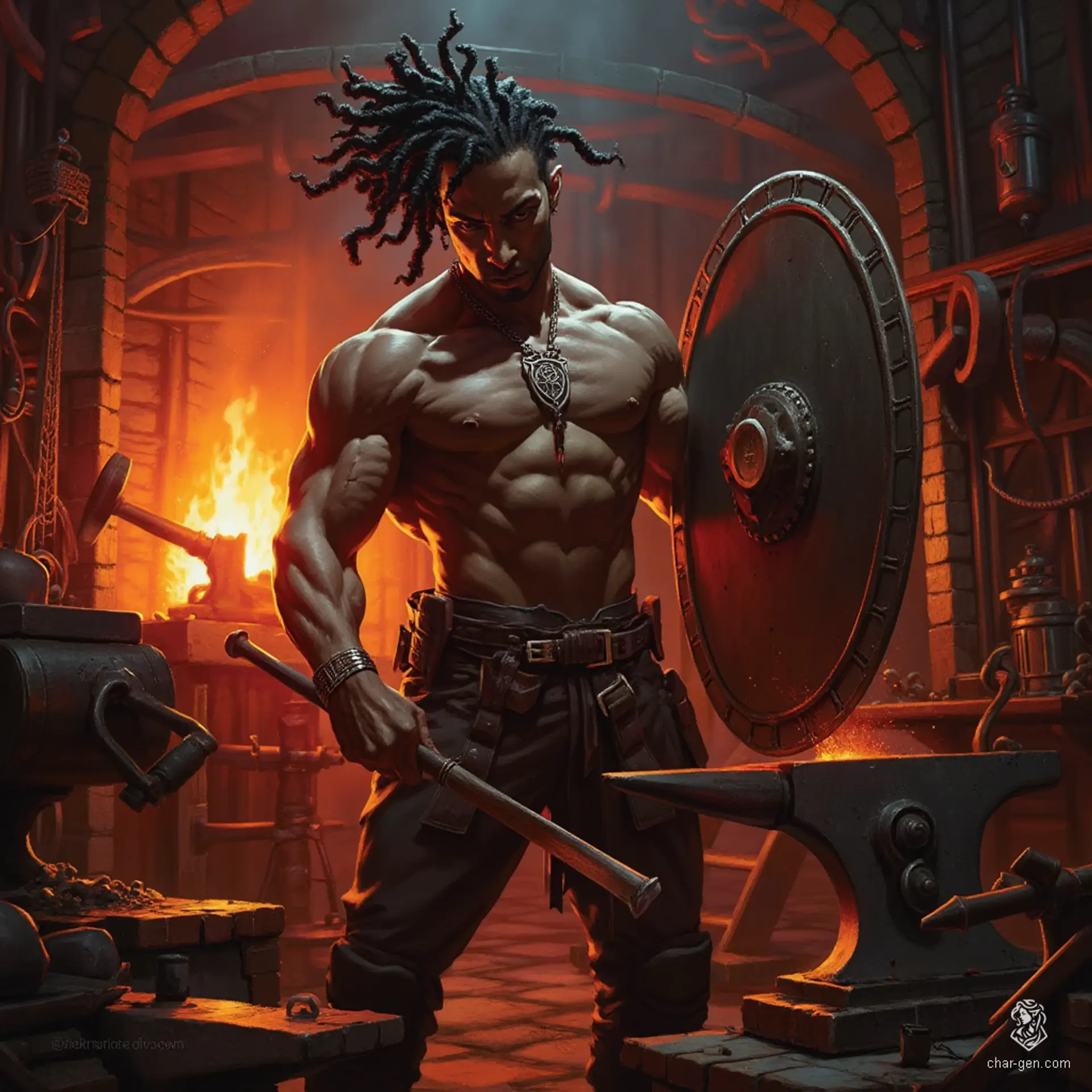 A muscular male blacksmith, adorned with dreadlocks and a unique shield-symbol amulet, tirelessly crafts exquisite shields amidst a vibrant forge. Surrounded by anvils and hammers, his medium skin glistens in the heat, reflecting his dedication to the art of protection.