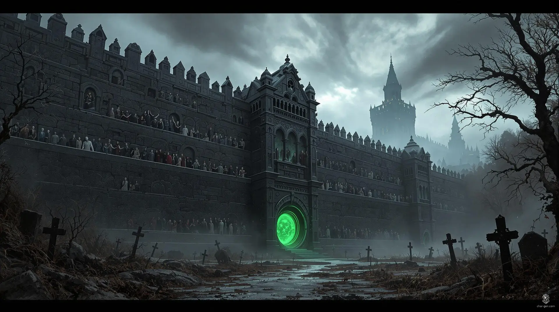 The Wall of Forgetting is an enigmatic gothic monolith, stretching into eternity under a foreboding sky. Its high-relief carvings capture diverse figures trapped in startled eternity, a moment before passage. A sickly green portal throbs ominously, seeping dread, and casting shadows of forgotten sorrow across the crumbling landscape.