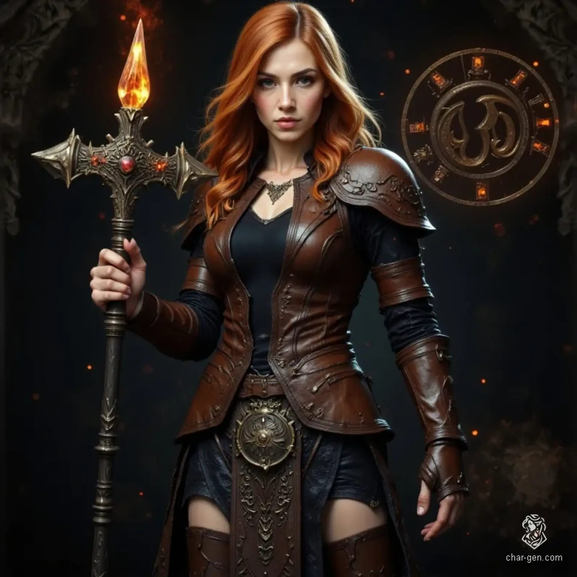 Aleira Emberstorm is a fierce young fire wizard, clad in finely crafted leather armor etched with glowing runes and divine fire symbols. With flowing orange hair and a radiant magical staff, she exudes serene determination and mystical power, embodying heroic flames in a fantasy realm.