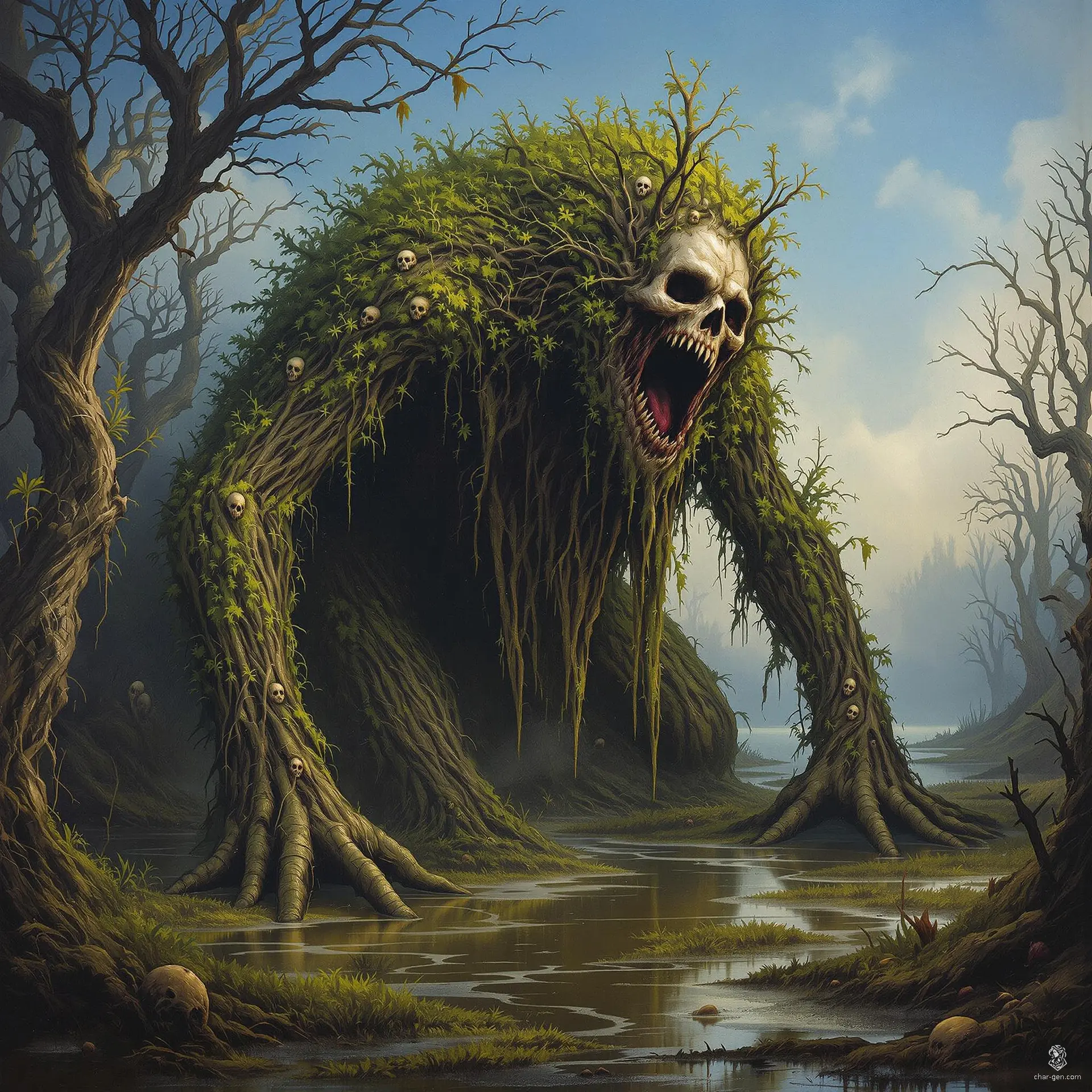 From the depths of the murky swamp, a shambling mound rises—a grotesque amalgamation of moss, twisted roots, and the remnants of human skulls. Dripping with stagnant water, it exudes a chilling aura, each shudder echoing its macabre hunger for life. This animated heap of vegetation is a true harbinger of doom.
