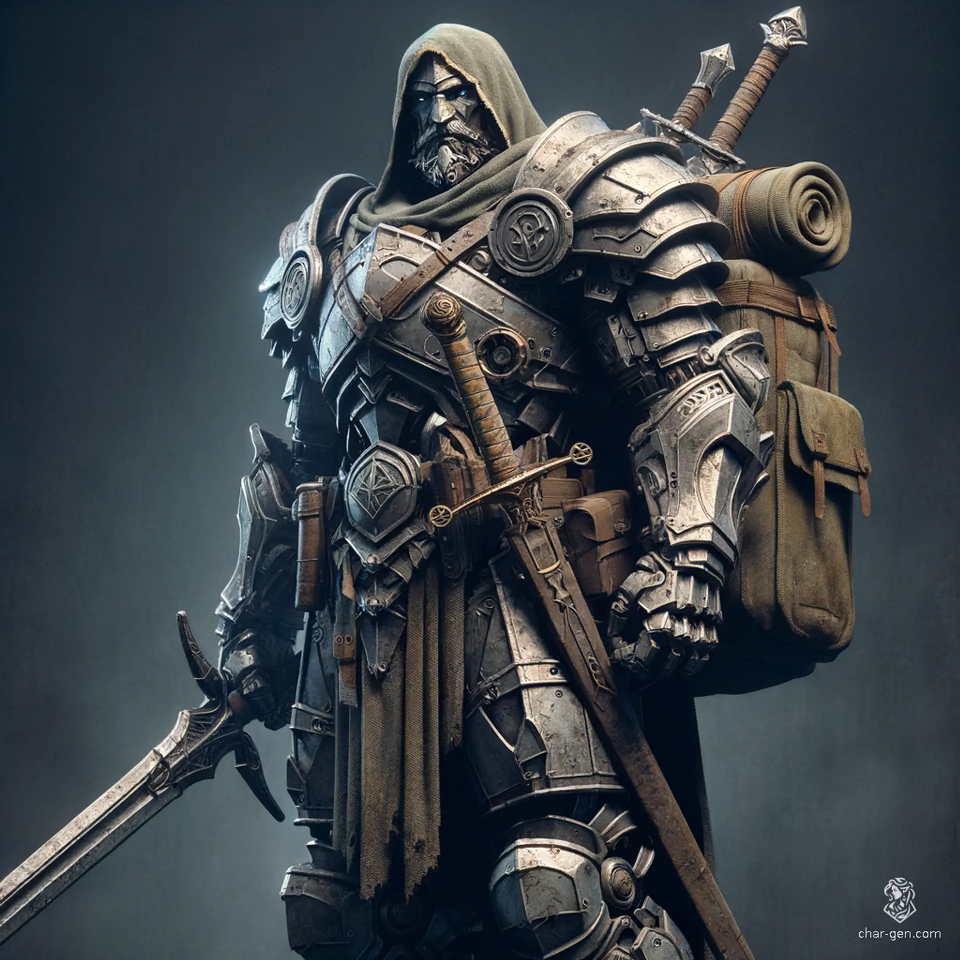 Amondul, a formidable warforged fighter, boasts a powerful physique crafted from a mysterious metal alloy. Wielding a massive two-handed Browasword, he combines strength with precision. A rugged bag hangs across his shoulder, hinting at secrets gathered from countless battles. Fearless and resilient, he fights with unwavering resolve.