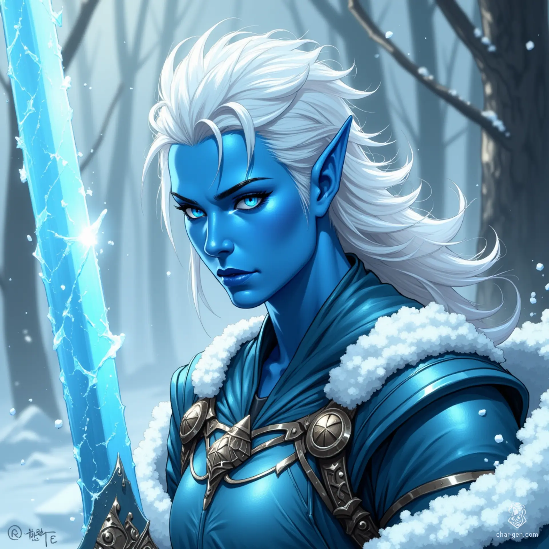 Aria, the Frostblade Tiefling, wields an ice sword that glimmers with frigid magic. Her striking blue skin and white hair, shaved on one side, reflect her fierce spirit and unique heritage. A master of ice magic, she commands frost with deadly grace in battle.