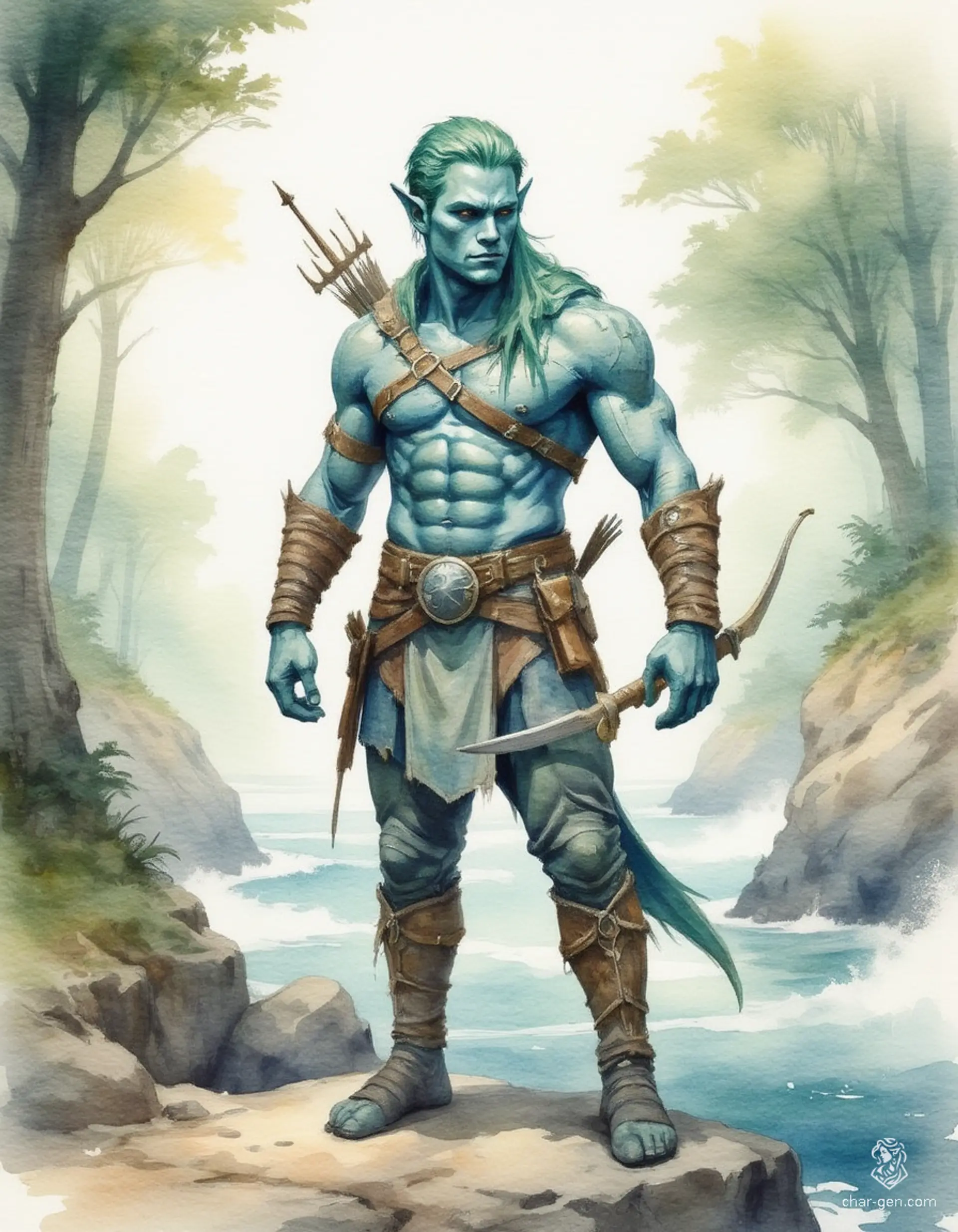 Kaelen, the triton ranger, stands poised at a forest cliff, his blue, scale-like skin shimmering with hints of green. His kelp-green hair is adorned with shells and feathers, echoing his hybrid heritage. Armed with a driftwood bow and a trident dagger, he bridges the realms of sea and forest, embodying both worlds' mysteries and beauty.