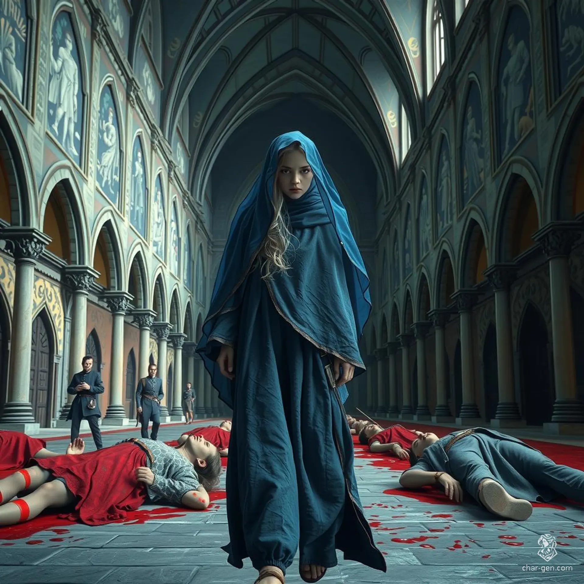 Amidst fallen figures on a stone floor, a skinny 18-year-old blonde medieval girl, draped in ragged blue robes and a transparent veil, walks sadly. Her right face is smeared with red juice, reflecting her sorrow in the eerie scene.