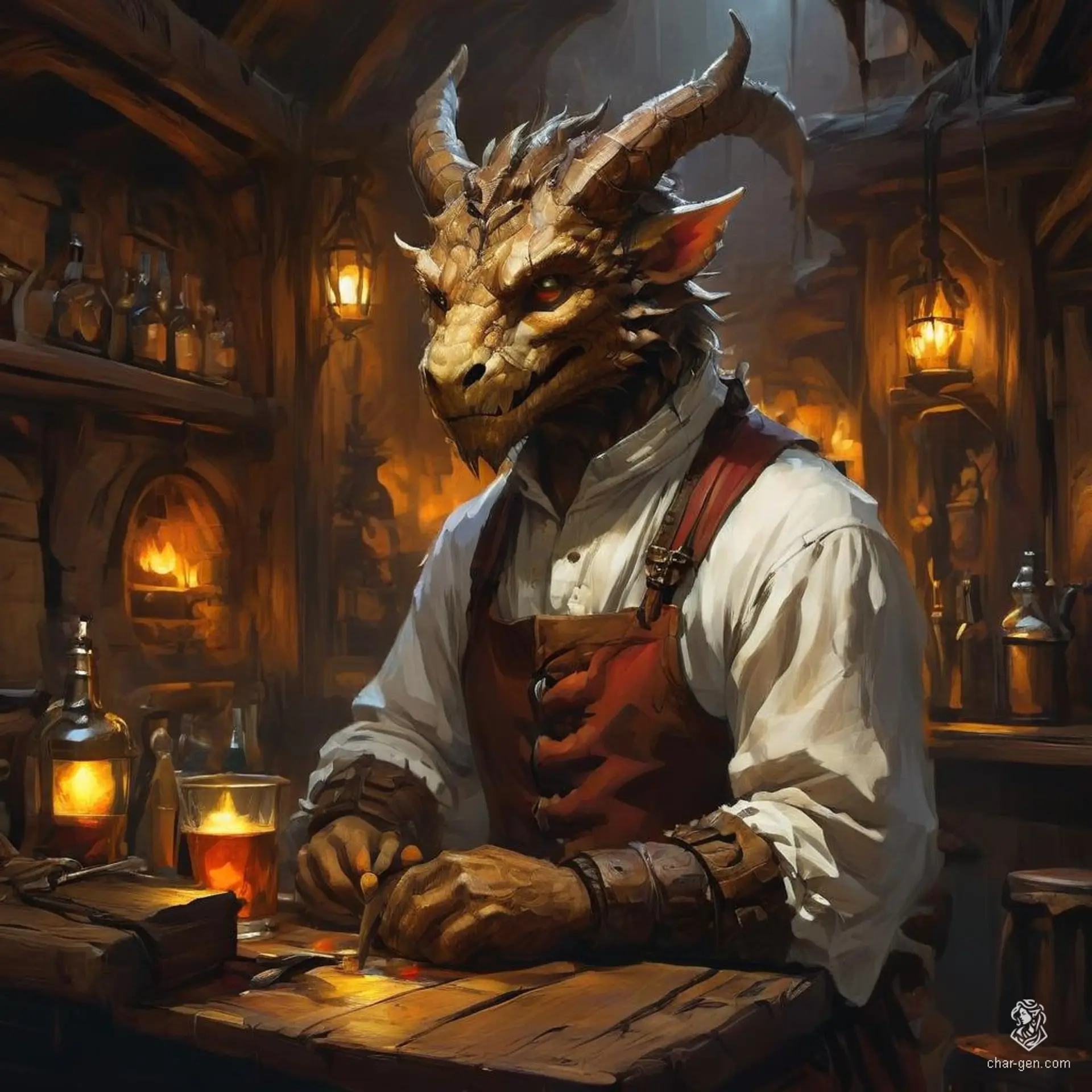 This dragonborn innkeeper boasts a foreboding appearance, with a dragon-like snout, scales, and small horns crowned with a crest. Their frilled ears peek out as they manage the tavern, clad in a bartender's apron, seamlessly blending the roles of fearsome creature and hospitable host amidst the clinking glasses and bustling atmosphere of their establishment.