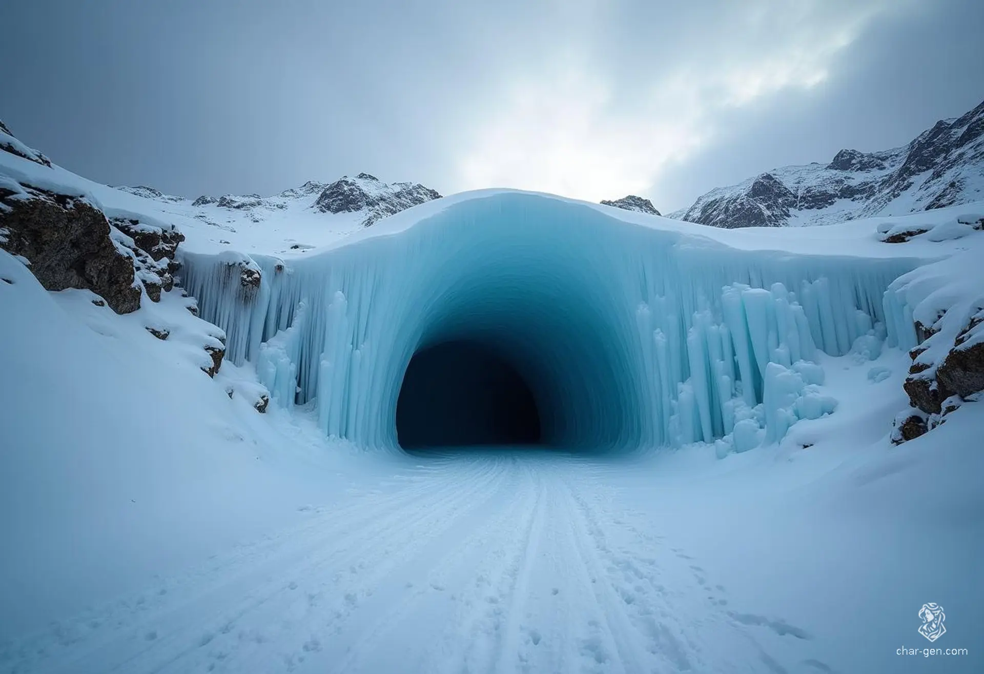 Nestled high in the mountains, the majestic ice cave looms, its crystalline entrance shimmering under a dark, cloudy sky. Surrounding it, deep drifts of untouched snow blanket the landscape, creating an eerie silence where no footprints disturb its pristine beauty. An air of otherworldly mystery lingers in the frosty breath of winter.