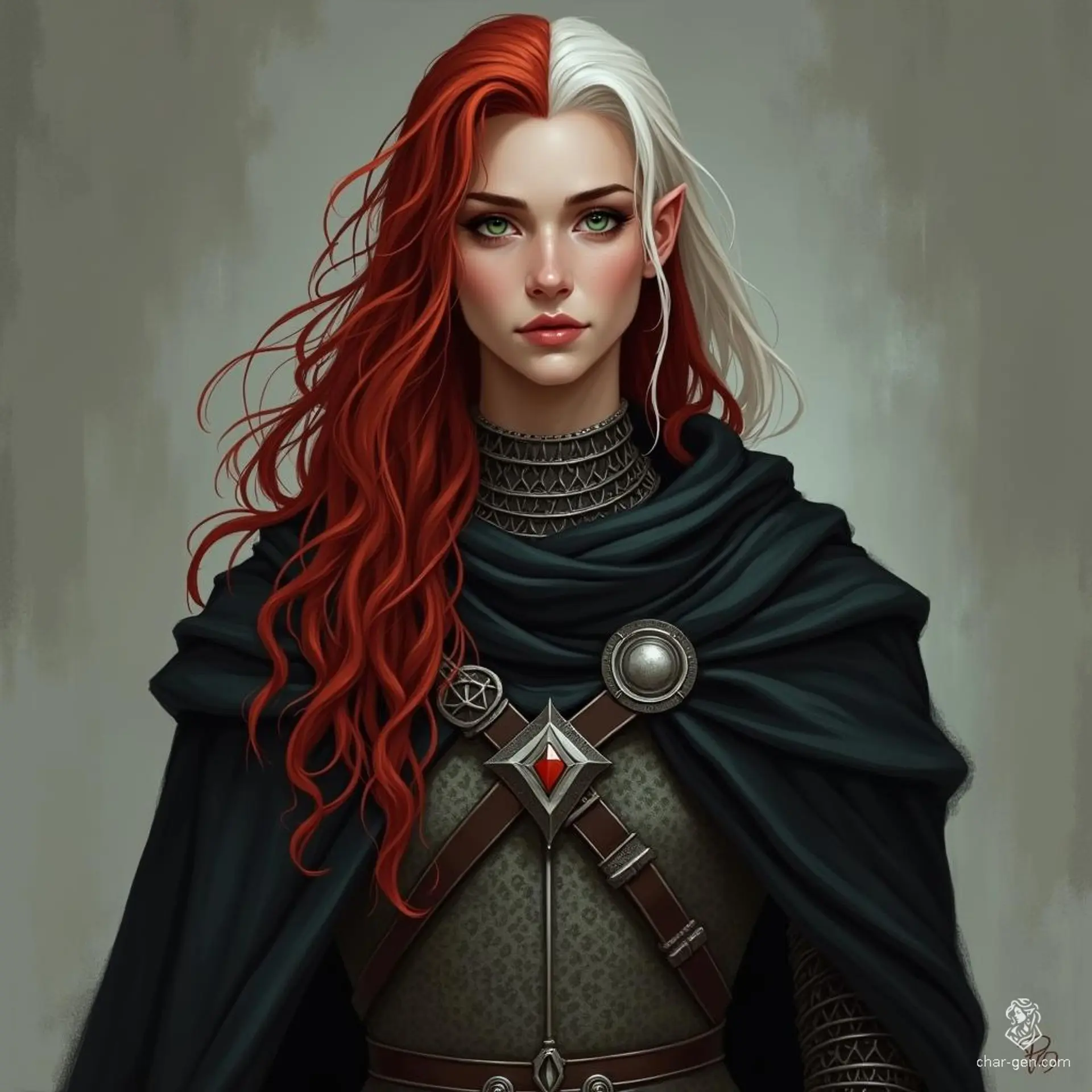 A striking half-elf warrior, tall and poised, boasts long red hair accented with white at the temples. Dark green eyes shimmer with wisdom and determination beneath a shadowy black cloak, while silver chainmail glints subtly, hinting at her readiness for battle and a noble lineage.