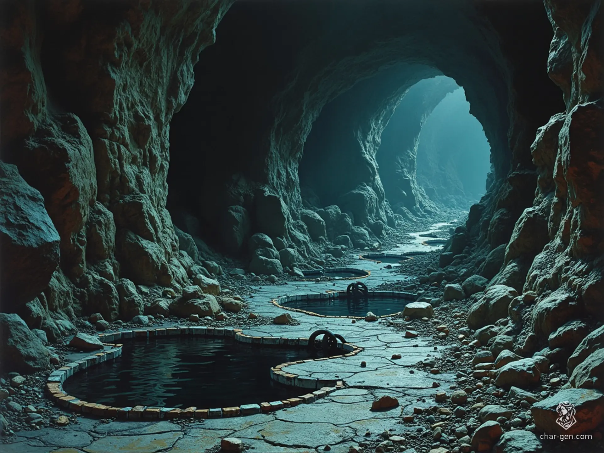In a 1970s dark fantasy style, this haunting cave is a maze of narrow, winding tunnels. Rough stone walls glisten with moisture, while rusted mining equipment rots on the ground. Dim light exposes mineral veins and black pools, casting deep shadows and creating an ominous, foreboding atmosphere.