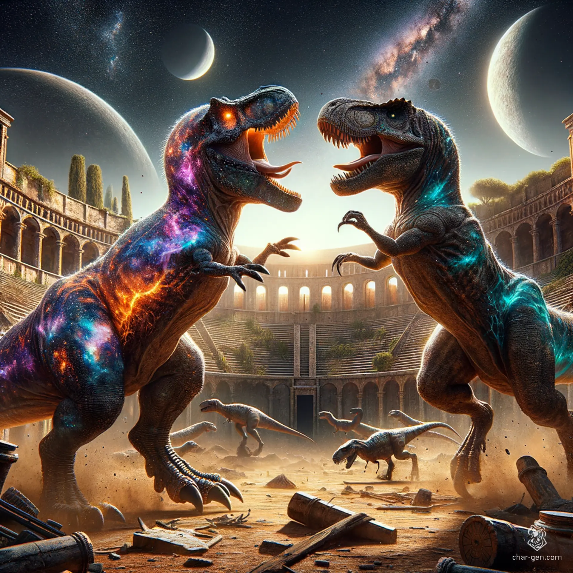 A massive, light-skinned allosaurus with a galaxy-patterned hide dominates the colosseum, its short arms and powerful hind legs striking fear. Its bloody mouth hints at a fierce battle with a T. rex, contrasting sharply against its ethereal skin.