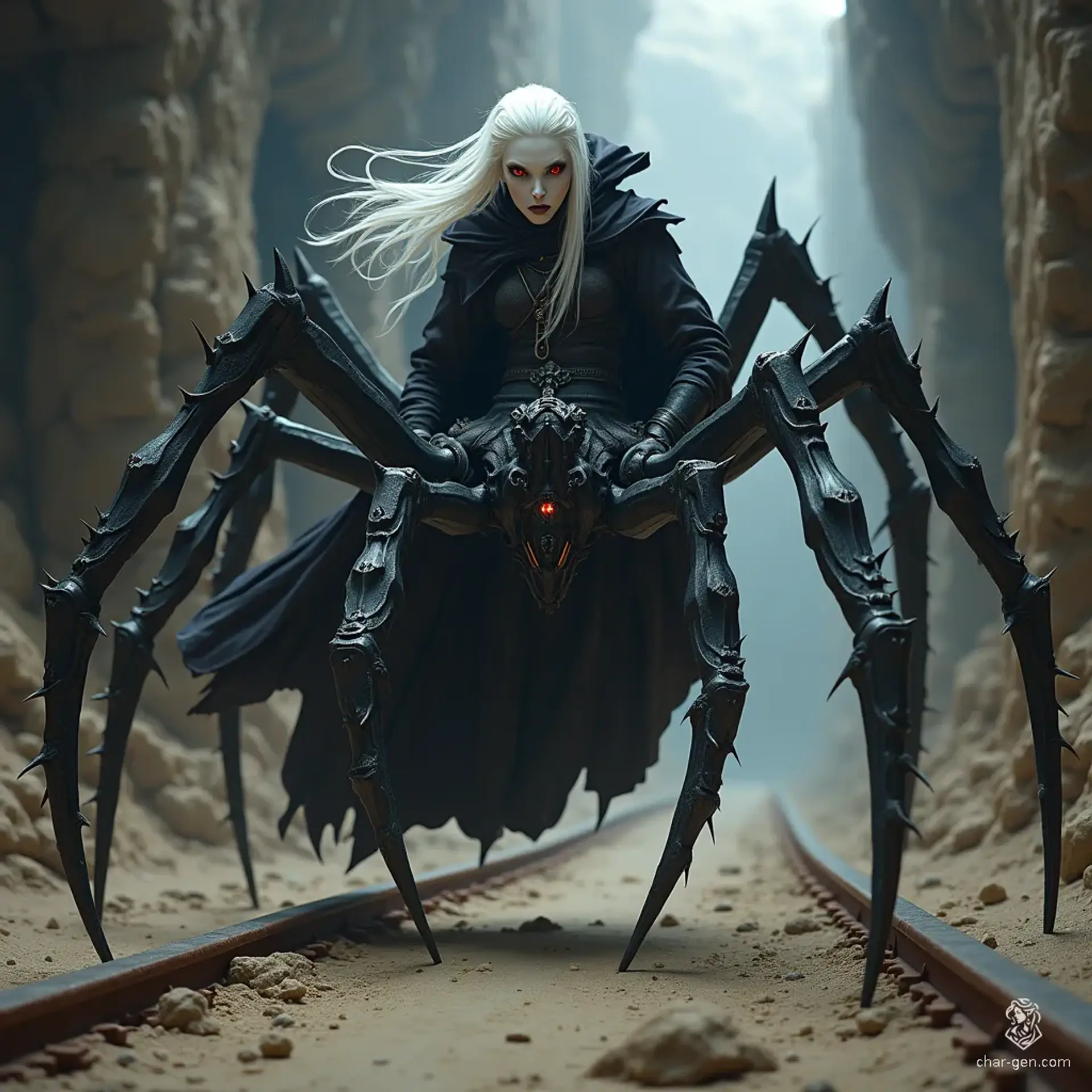 The Szarkai is a fearsome albino drider, merging dark elf grace with horrific spider attributes. Its upper body features white hair and dark red eyes, while its pale skin contrasts starkly with a black cloak. Venomous fangs and eight spider legs add to its monstrous allure.