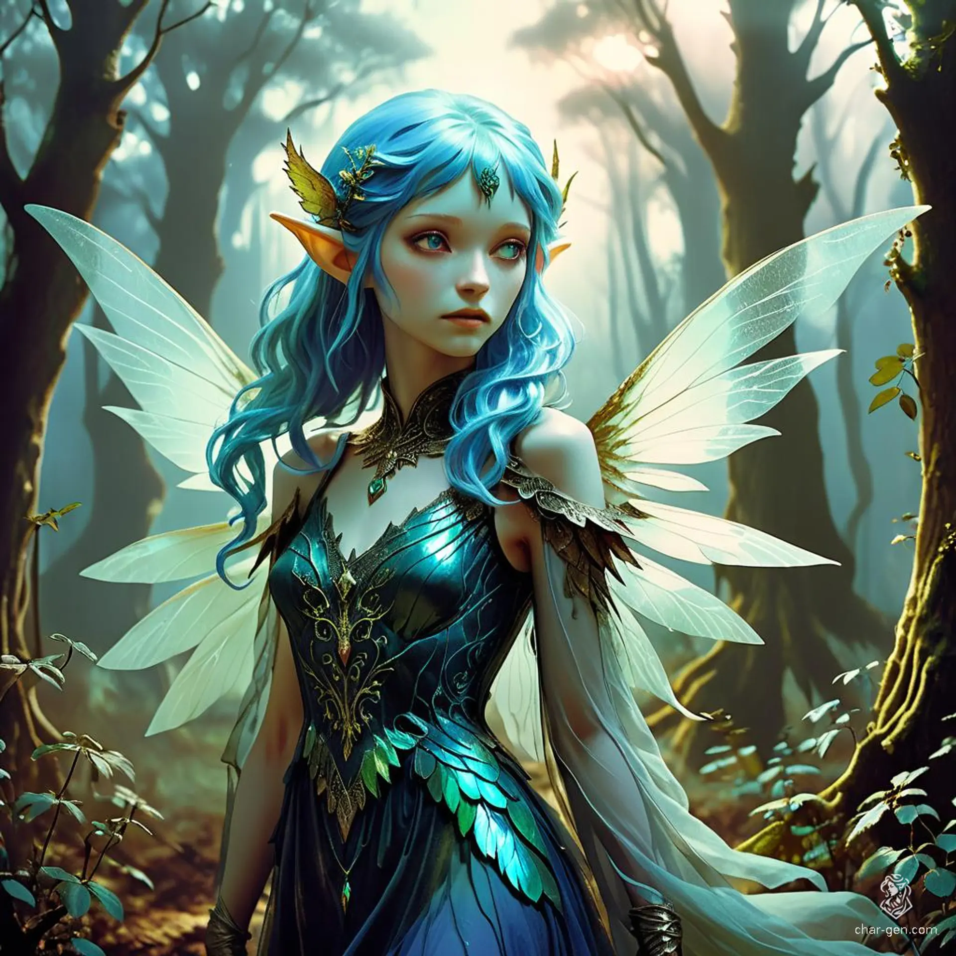 A small, ethereal female fairy with translucent wings and elfin features. She has olive skin and striking, bright sky-blue hair. As a Druid, she harnesses natural earthy elements and has animal companions by her side.