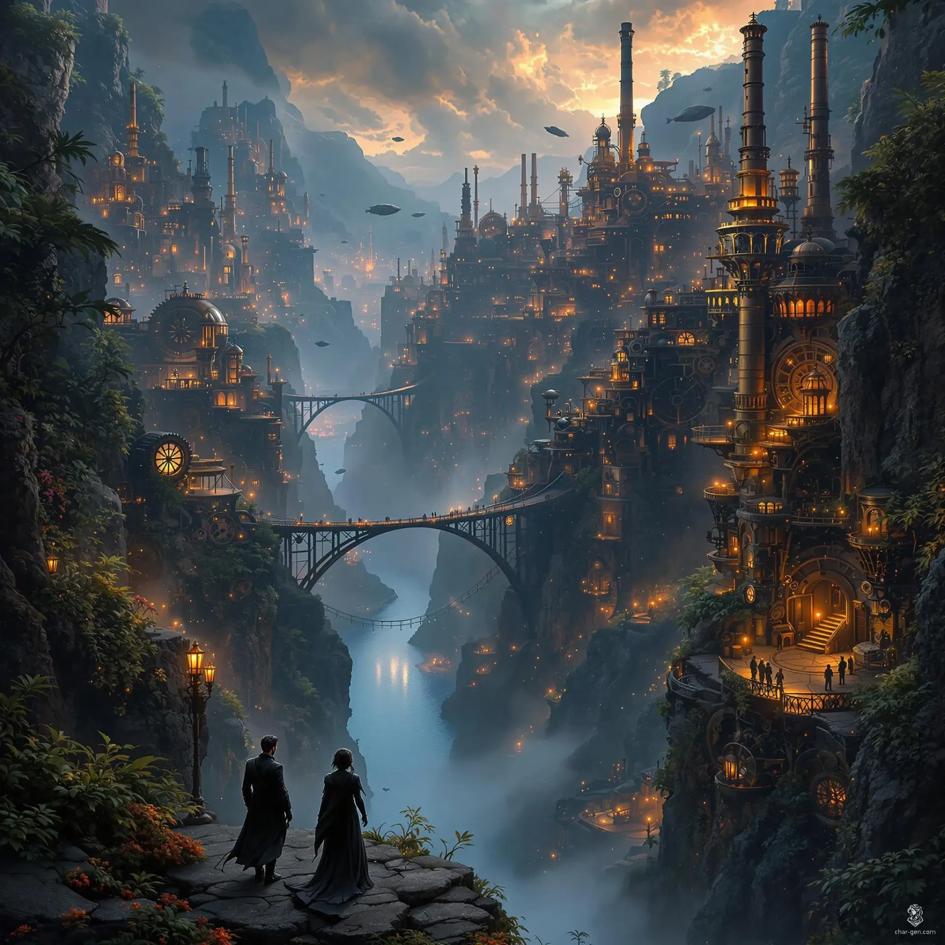 Amidst towering canyon walls, a vibrant Steampunk city thrives, its brass spires and copper bridges intertwining with lush greenery. A reflective river meanders below, illuminated by gas lamps casting eerie, warm glows. Mist swirls, merging industrial elegance with untamed nature, creating a hauntingly surreal atmosphere.