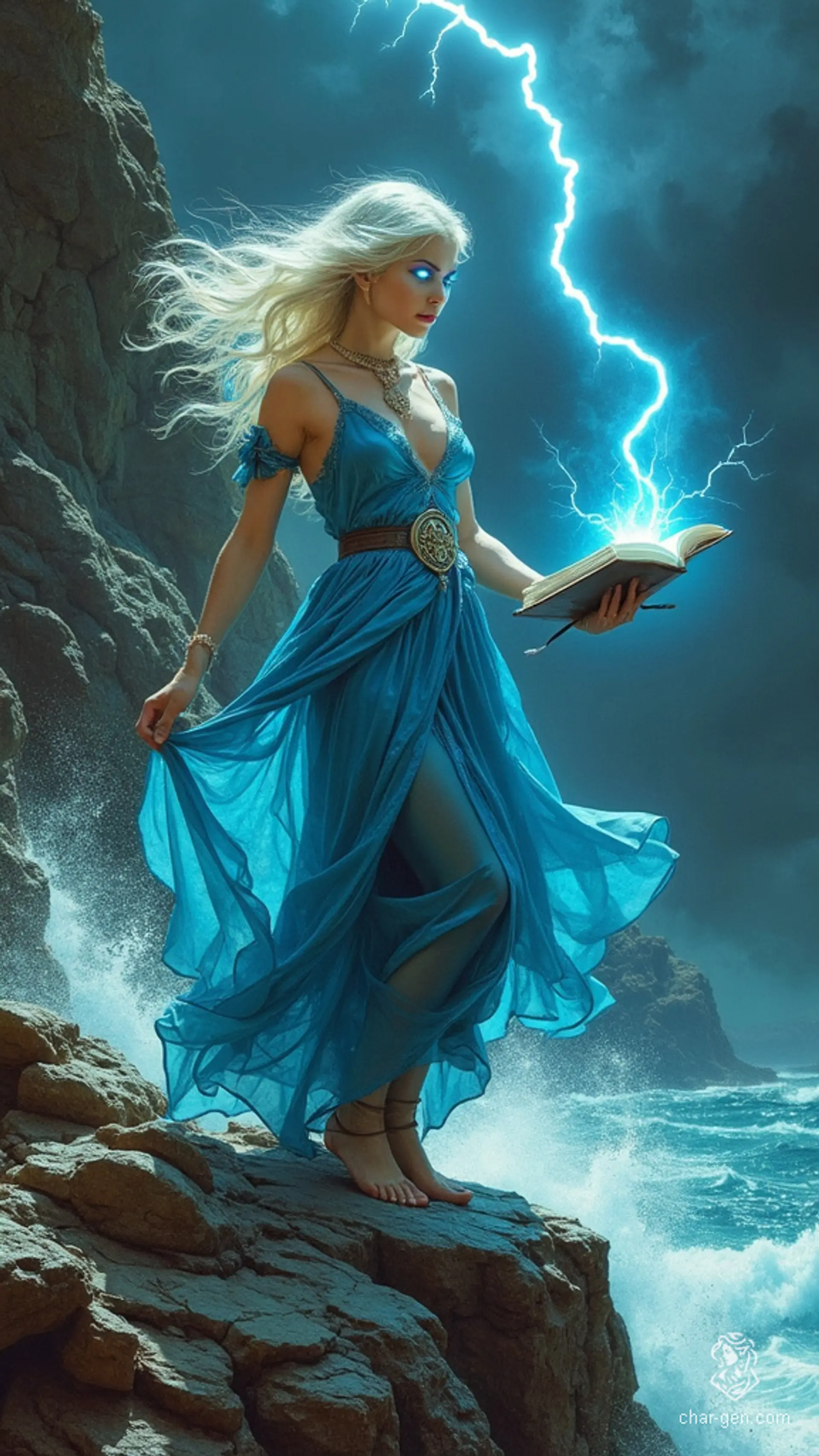 A fierce female Half-Elf wizard with platinum-blonde hair, commands a storm from a cliffside as her azure dress shimmers like water. Her electric blue eyes glow with arcane energy, and lightning arcs from her fingertips, illuminating the dark clouds.