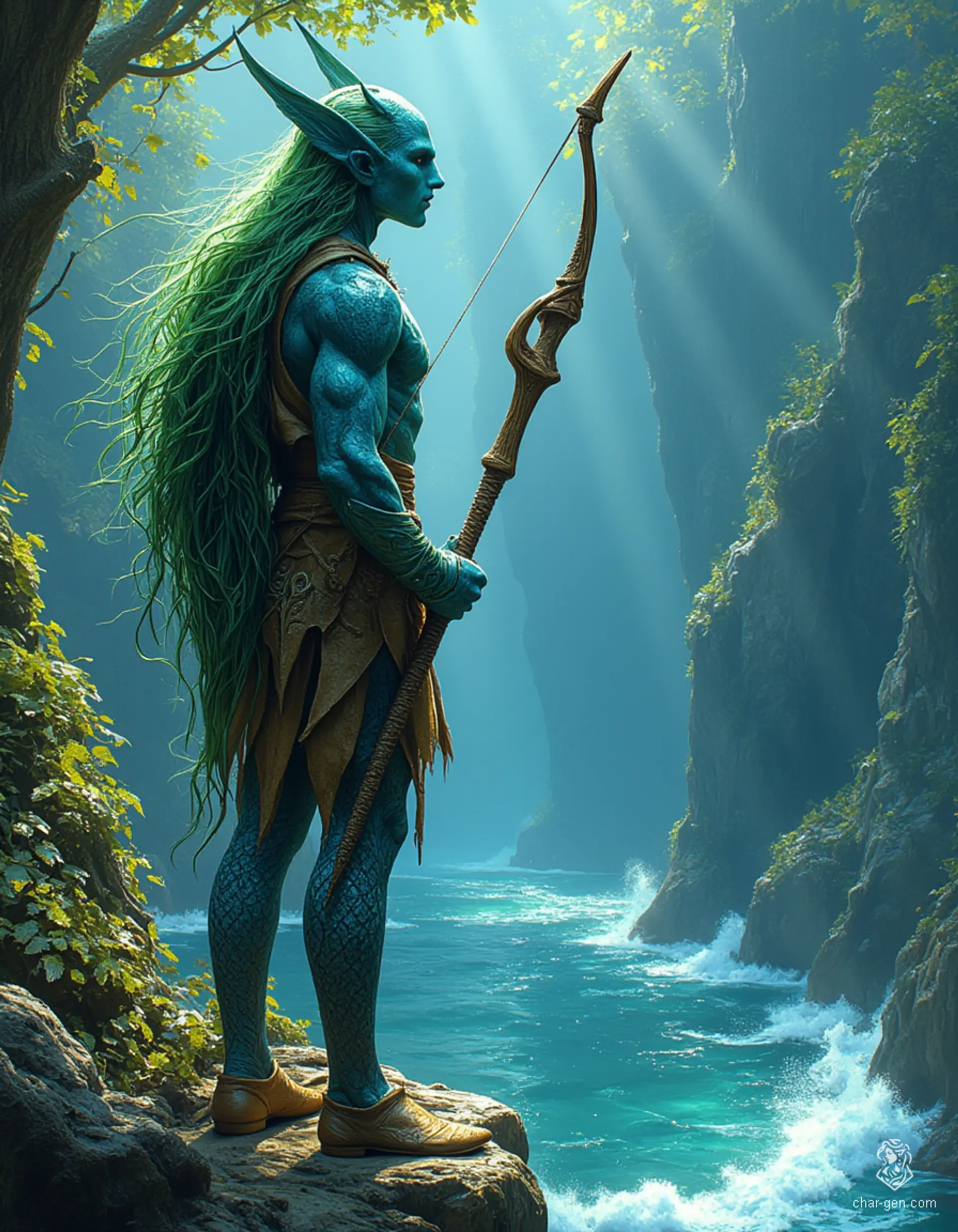 Kaelen, a striking male triton ranger, stands at a forest cliff, blending his aquatic heritage and woodland life. His deep sea-blue skin glitters like fish scales, complemented by kelp-green hair adorned with natural treasures. Agile and adaptive, he wields a driftwood bow, embodying the guardian of both sea and forest.