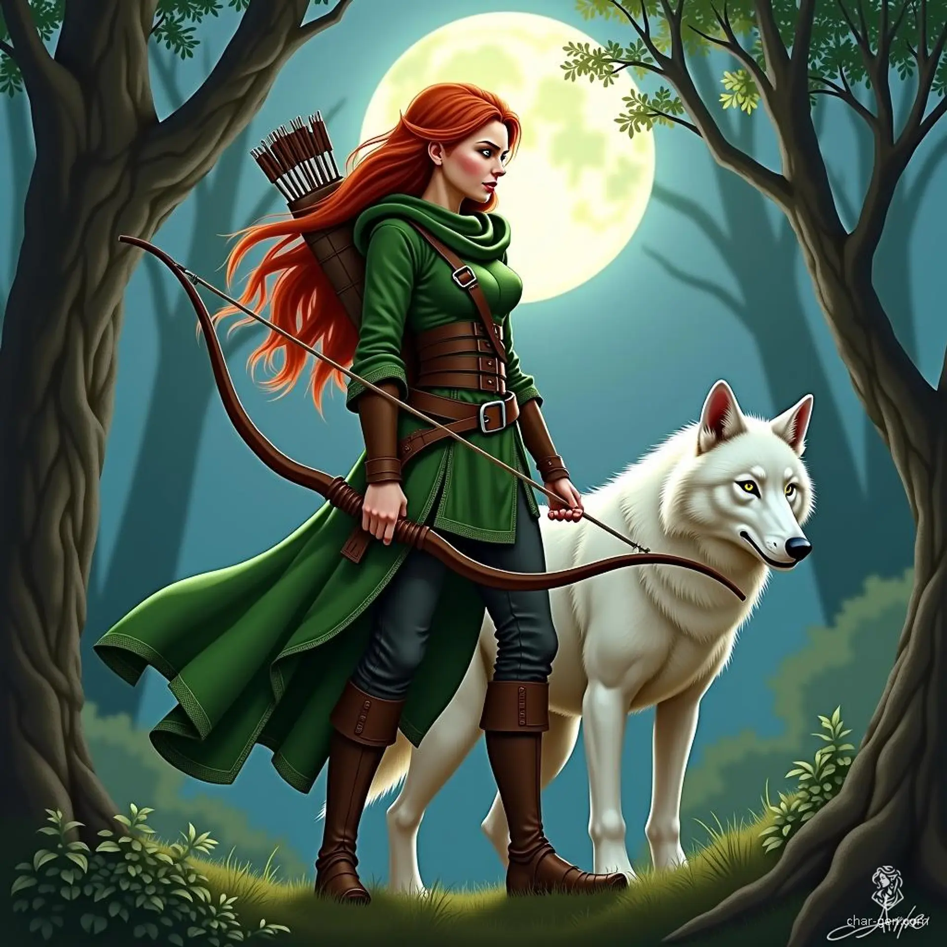 Eira Shadowglow, a wild and free-spirited half-elf ranger, roams the moonlit forests in her form-fitting green leather armor. With emerald eyes and vibrant red hair, she deftly aims her longbow, accompanied by her loyal white wolf, Alba, embodying the mysterious harmony of nature.