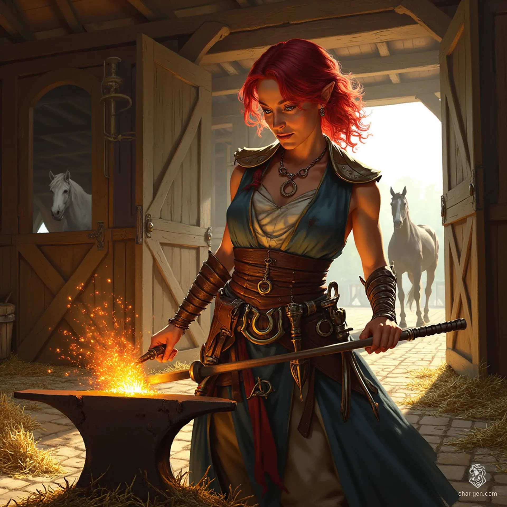 A skilled female farrier with athletic build and tan skin, she forges tools amidst bright sparks and the rhythmic clang of hammer on anvil. Her bold cherry-red hair contrasts with the mystical horseshoe amulet she wears, while her loyal horse stands proudly in the background.