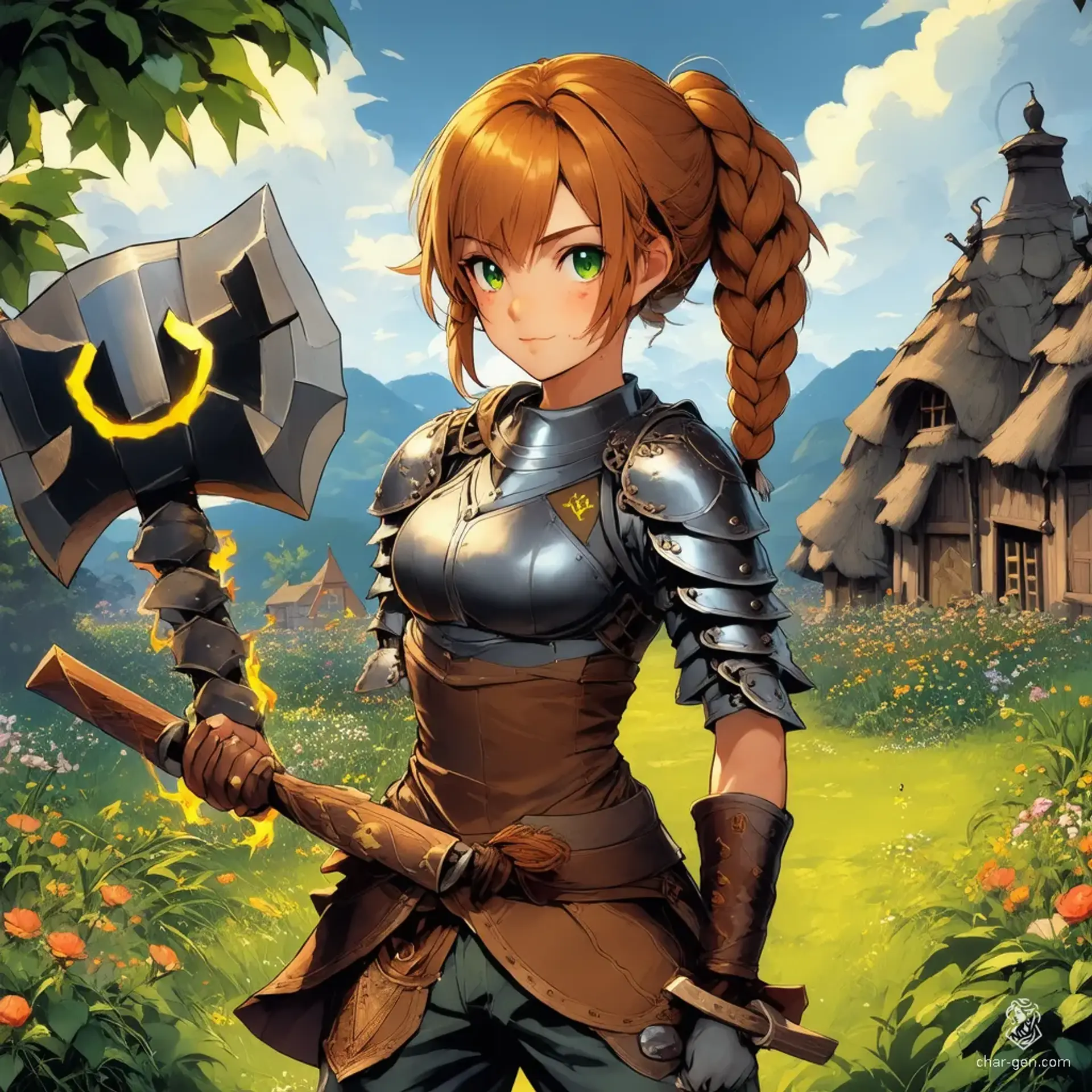 A petite, athletic farmer with a radiant reddish-blonde braid, this young woman pairs her practical chain mail and leather attire with a powerful two-handed war hammer. Her tanned, freckled skin and enchanting green-yellow eyes light up with magic, with glowing arm tattoos that reveal her mystical prowess.