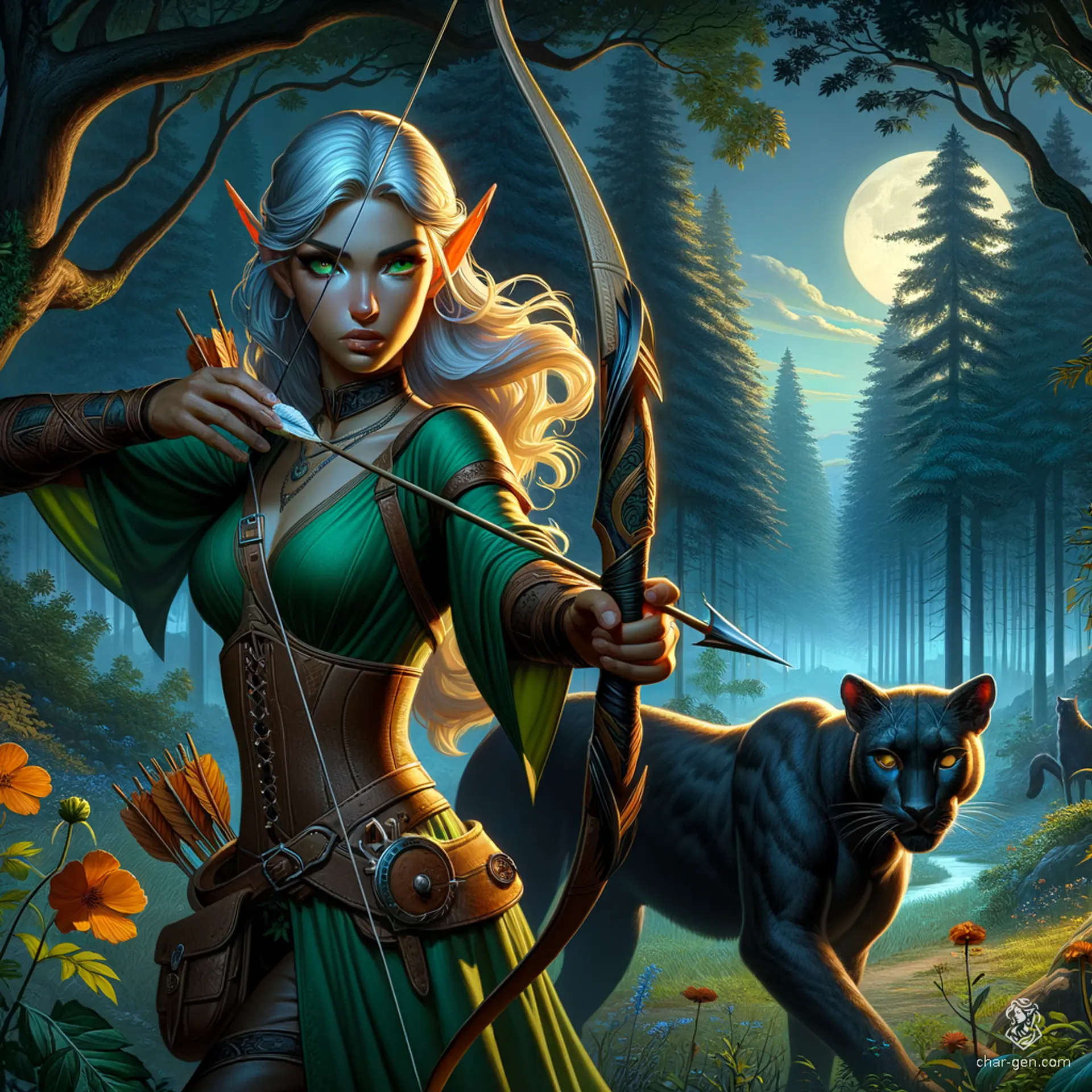 Eilthyra Rirothril is a nimble Wood Elf Ranger, cloaked in shadows and darkness. At 24, she wields a bow with unmatched precision, her ice-blue eyes piercing the dusk. Accompanied by her sleek panther, they silently navigate the forest, embodying the essence of stealth and grace.